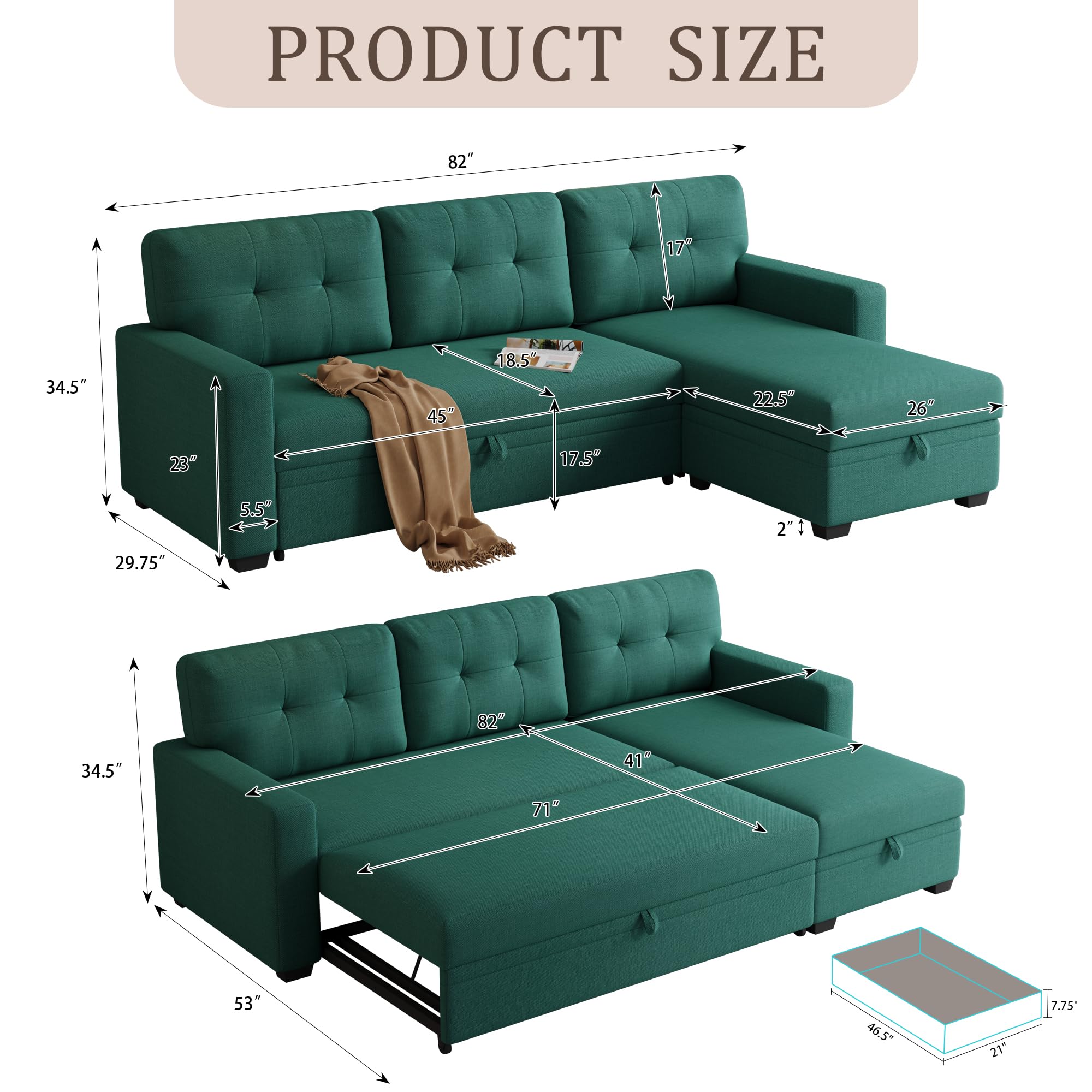 KTATK 82" L-Shape Convertible Sectional Sofa with Storage Chaise and Pull-Out Bed,Modular Corner Couch Lounge,W/Removable Back Cushions & Armrest,for Home Furniture,Green