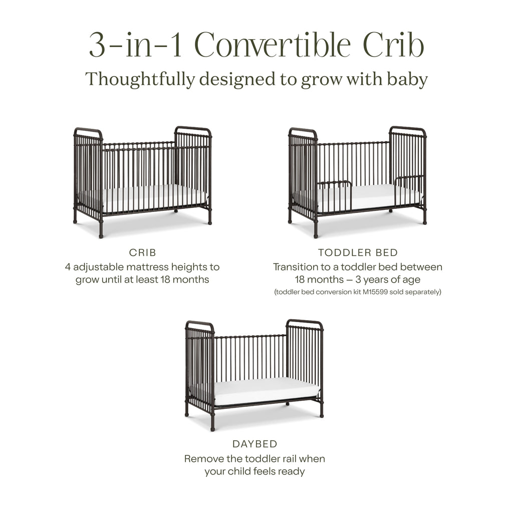 Namesake Abigail 3-in-1 Convertible Metal Crib in Vintage Iron, Greenguard Gold Certified