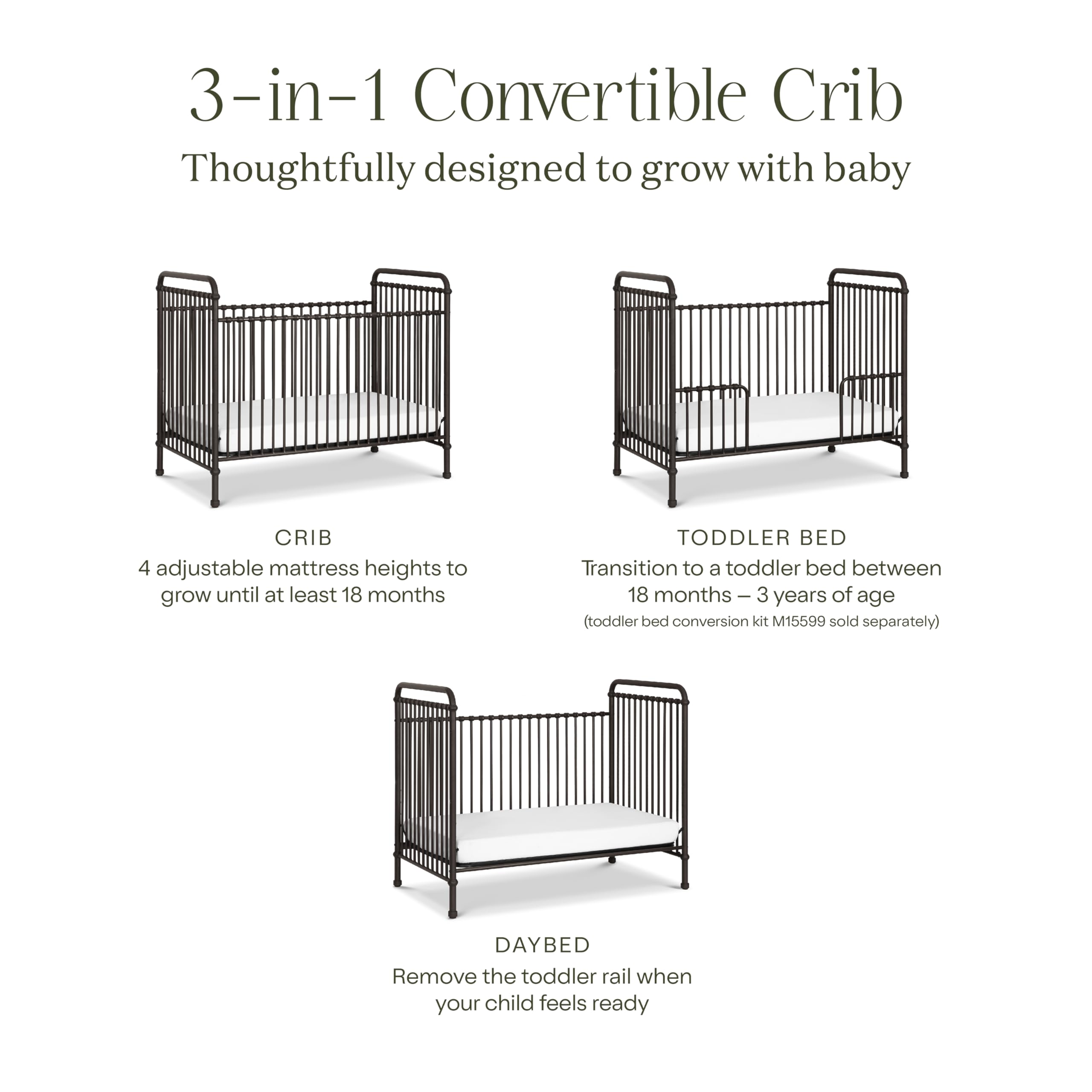 Namesake Abigail 3-in-1 Convertible Metal Crib in Vintage Iron, Greenguard Gold Certified
