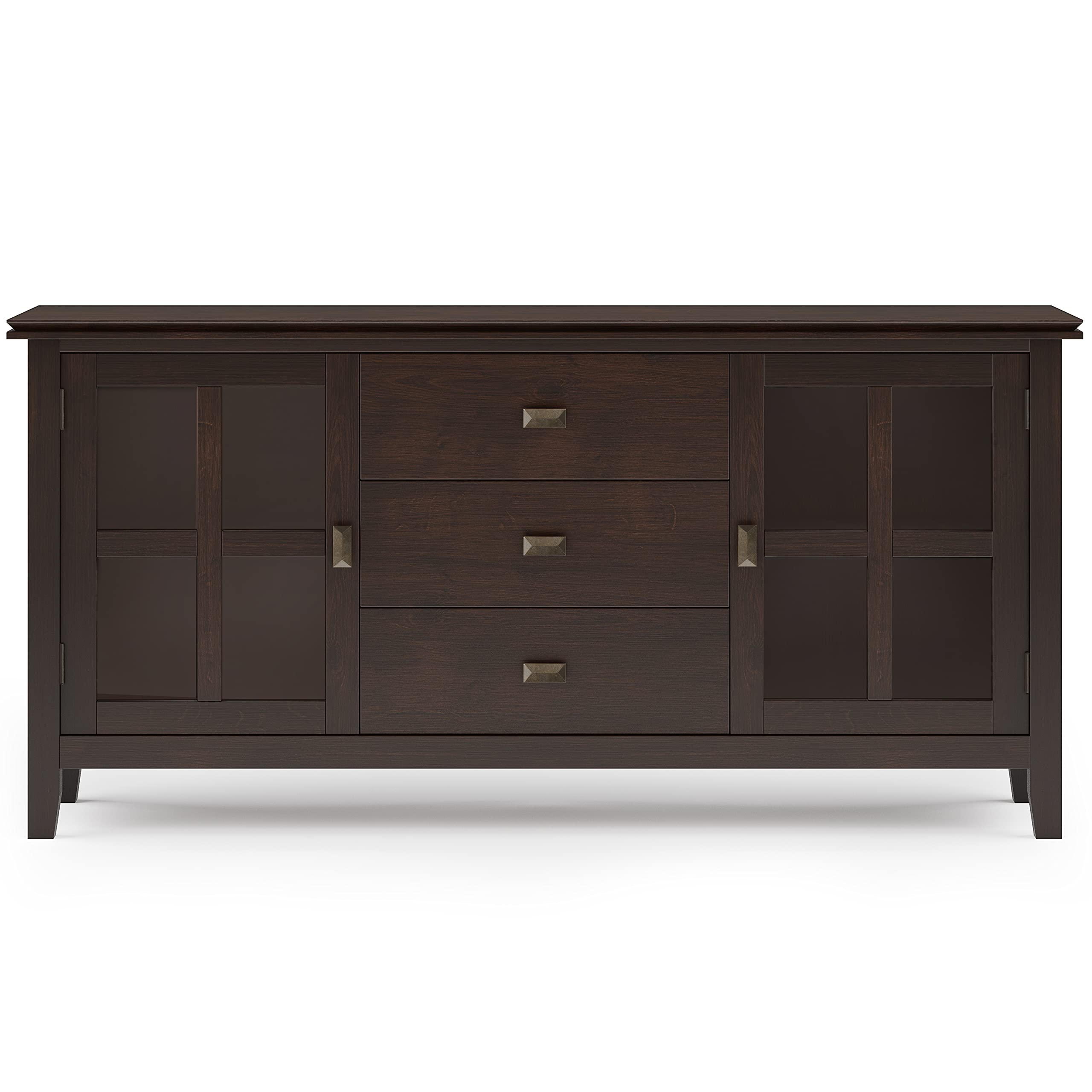 SIMPLIHOME Artisan Buffet - 60 inch Wide Solid Wood 3-Door Sideboard Buffet in Dark Chestnut Brown, Contemporary Storage Cabinet for Dining Room or Kitchen with Adjustable Shelves and Bronze Hardware