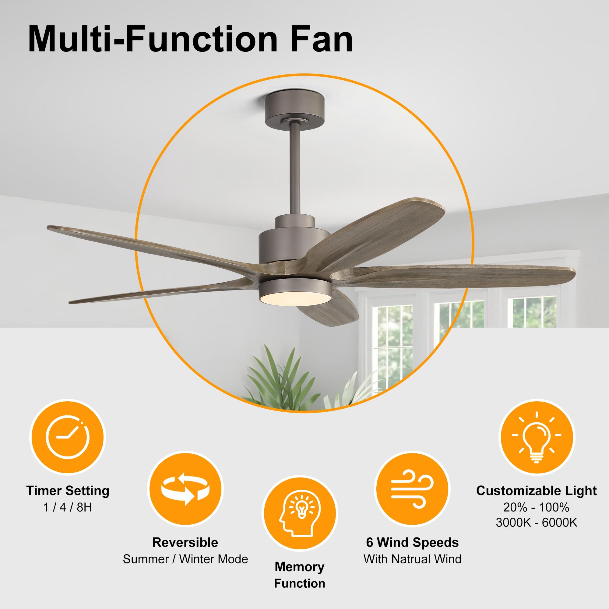WINGBO 54" Ceiling Fan with Light - 5 Carved Solid Wood Blades, 6-Speed Reversible DC Motor, Dimmable, 3CCT, Noiseless Remote Control Ceiling Fans with Lights for Bedroom Living Room, Charcoal Gray