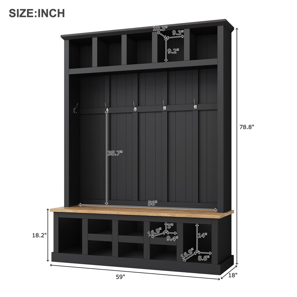 Merax Wood Farmhouse Hall Tree with Storage Entryway Bench, 3-in-1 Coat Racks with 6 Hooks &Shelves for Entrance, Hallway, Mudroom,Black