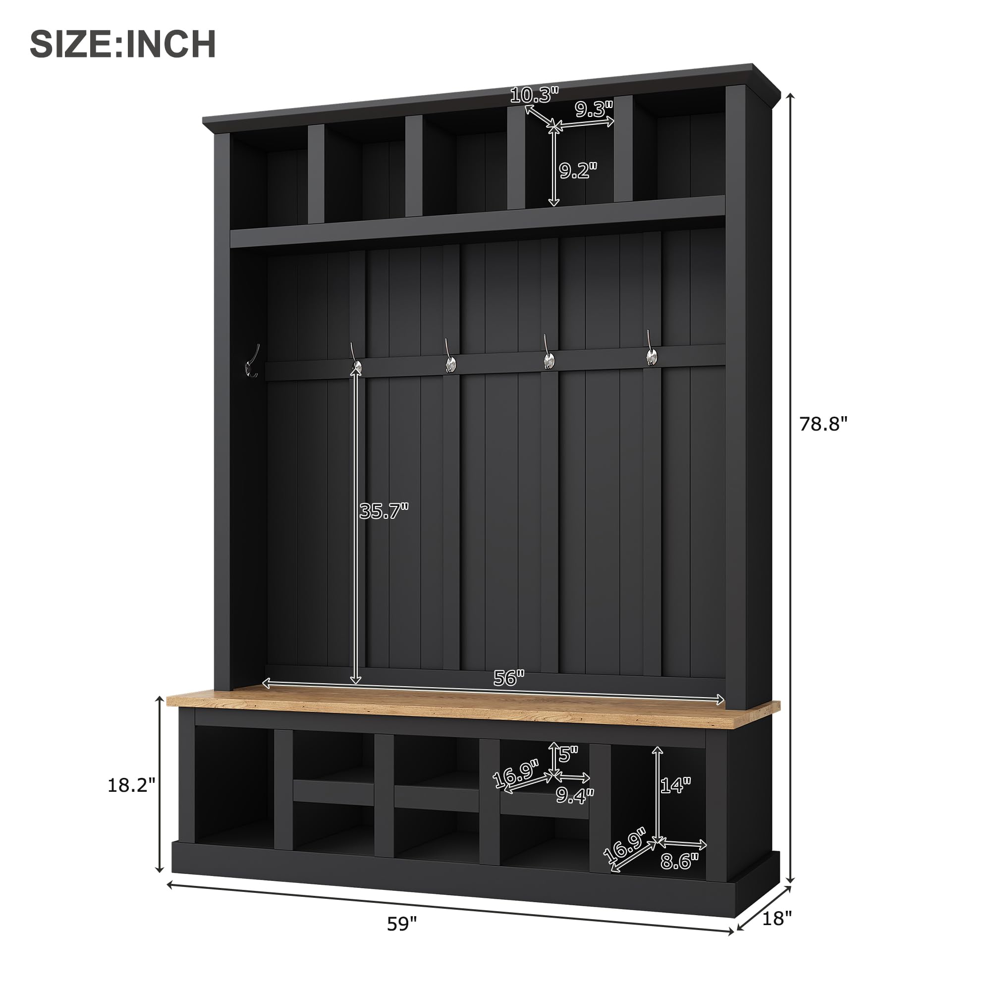 Merax Wood Farmhouse Hall Tree with Storage Entryway Bench, 3-in-1 Coat Racks with 6 Hooks &Shelves for Entrance, Hallway, Mudroom,Black