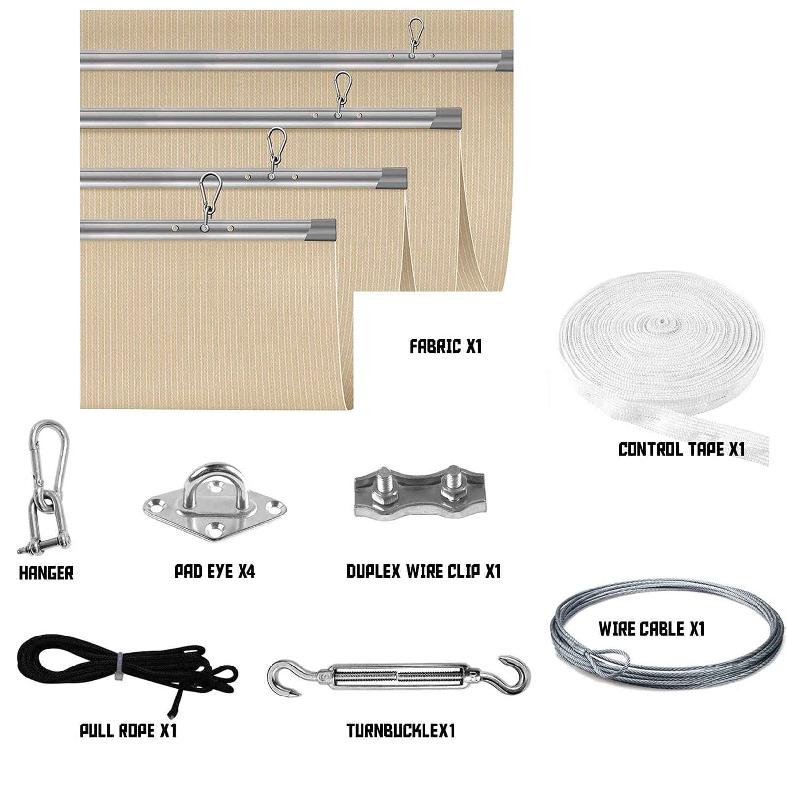 Retractable Patio Shade Canopy Replacement Cover, Polyester Sail with Slide-On Wire Cable & Mounting Kits for Pergola, Deck, Garden, Yard Awning