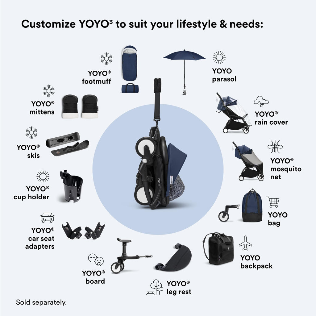 Stokke YOYO3 Stroller from 6 Months - Includes Black Frame/Air France Blue Seat Cushion + Canopy - Folds in & Out in a Flash - Light & Compact - Carry-On Compatible
