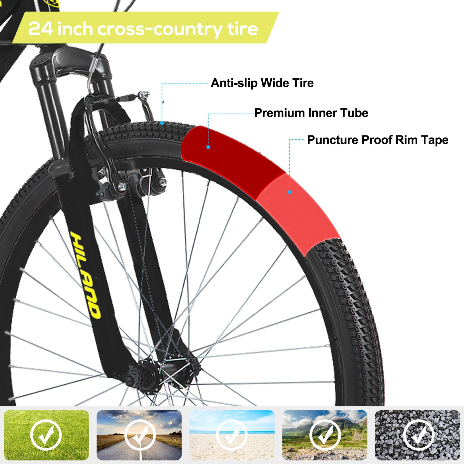 HH HILAND 24 Inch Mountain Bike for Kids Age 7-15 Year Old, 7-Speed, Front Suspension Fork, Kids' Bicycles for Boys Girls Black