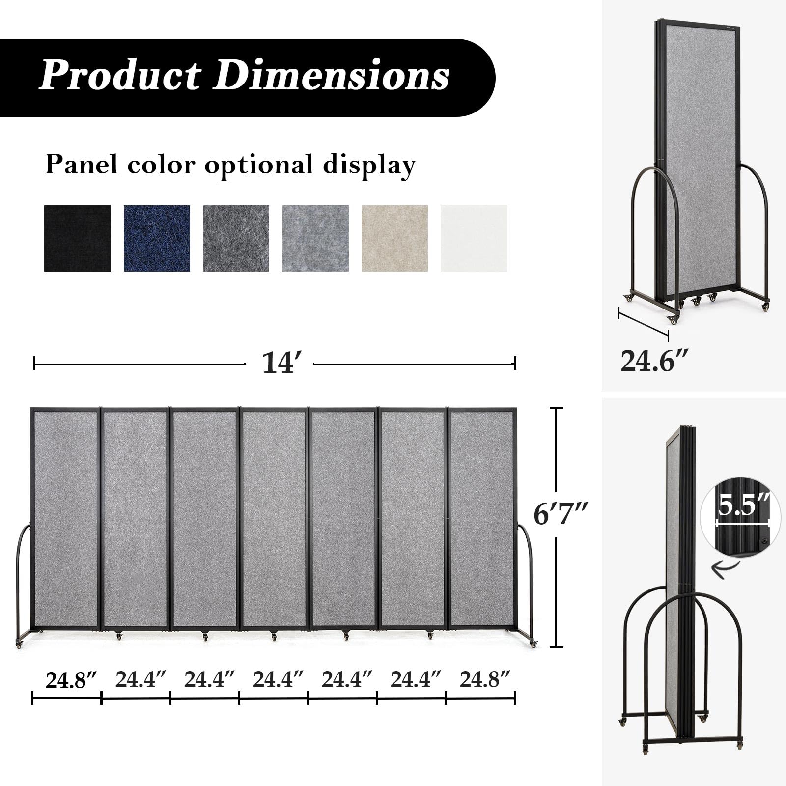 Folding Room Partition,Privacy Room Screen with Arms,Office Dividers Partition Wall,14'3"L* 6'7"H,Light Grey