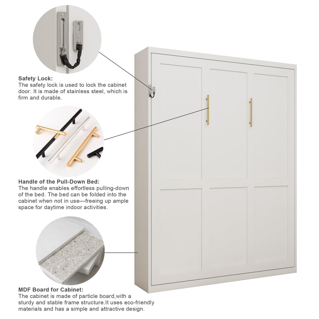 KEIKI Queen Size Vertical Cabinet Murphy Bed with Automatic Leg, Multifunctional Foldable Hideaway Wall Metal Bed Frame with Slats, No Box Spring Needed, Easy Assembly, for Bedroom, Guest Room, White