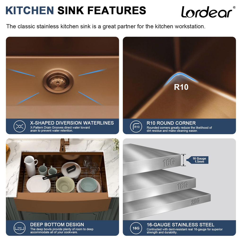 Lordear 33x21Inch Rose Gold Farmhouse Kitchen Sink Workstation SUS304 16-Gauge Stainless Steel Farmhouse Sink Apron Fron Farm Style Undermount Sinks, 33"x21"x10"