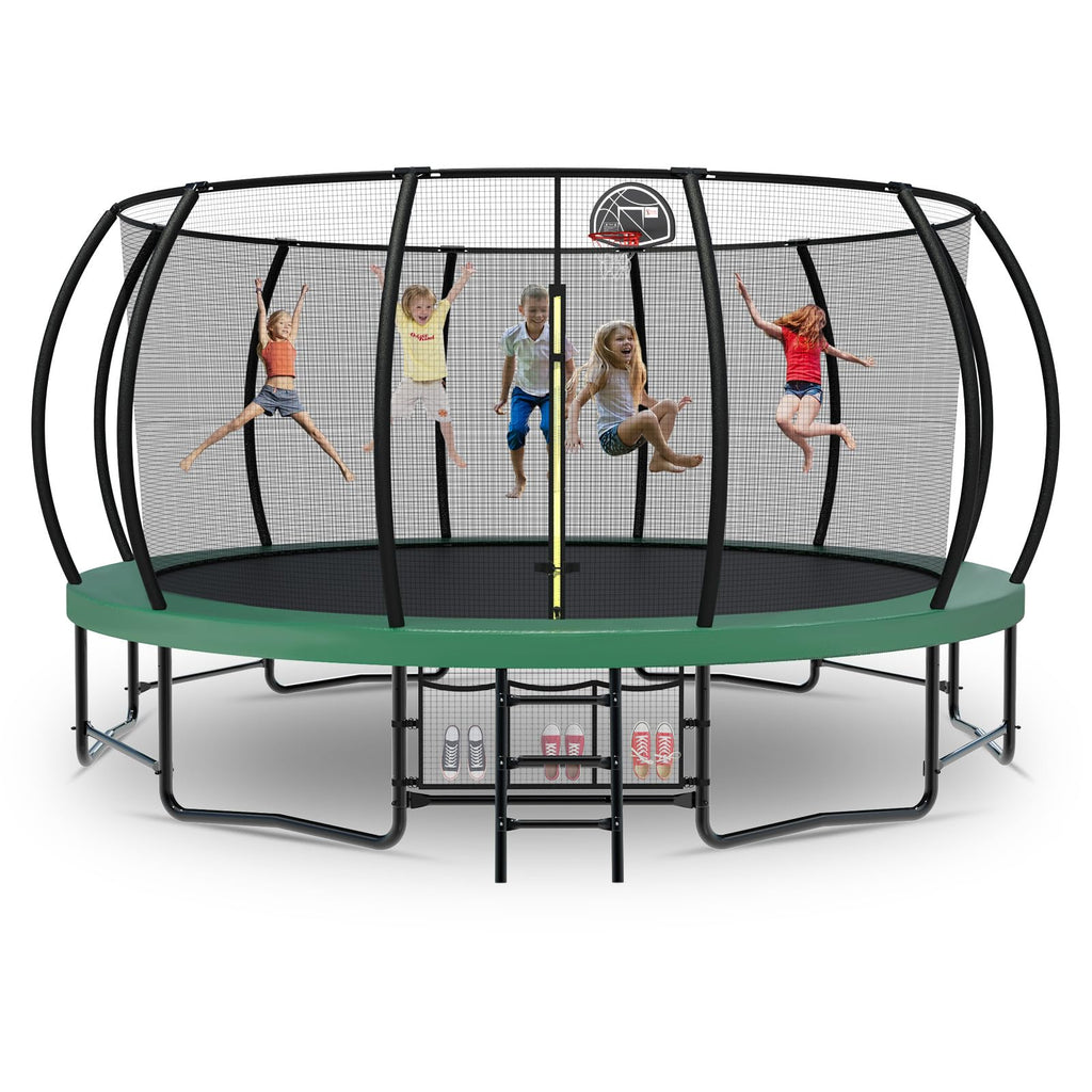 Tatub 16FT Upgrade Pumpkin Trampoline for Kids and Adults, Outdoor Recreational Trampolines with Basketball Hoop & Enclosure Net, Curved Poles & Storage Bag, Green