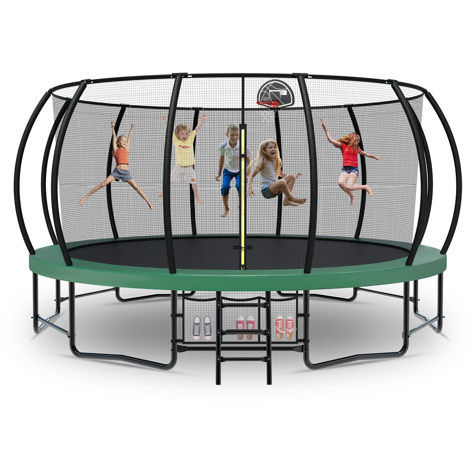 Tatub 16FT Upgrade Pumpkin Trampoline for Kids and Adults, Outdoor Recreational Trampolines with Basketball Hoop & Enclosure Net, Curved Poles & Storage Bag, Green