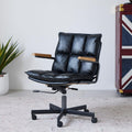 PELLEBAR Home Office Desk Chair, Ergonomic Mid-Century Modern Genuine Leather Chair with Oak Armrest, Executive Rolling Swivel Adjustable Task Armchair for Adults, Black