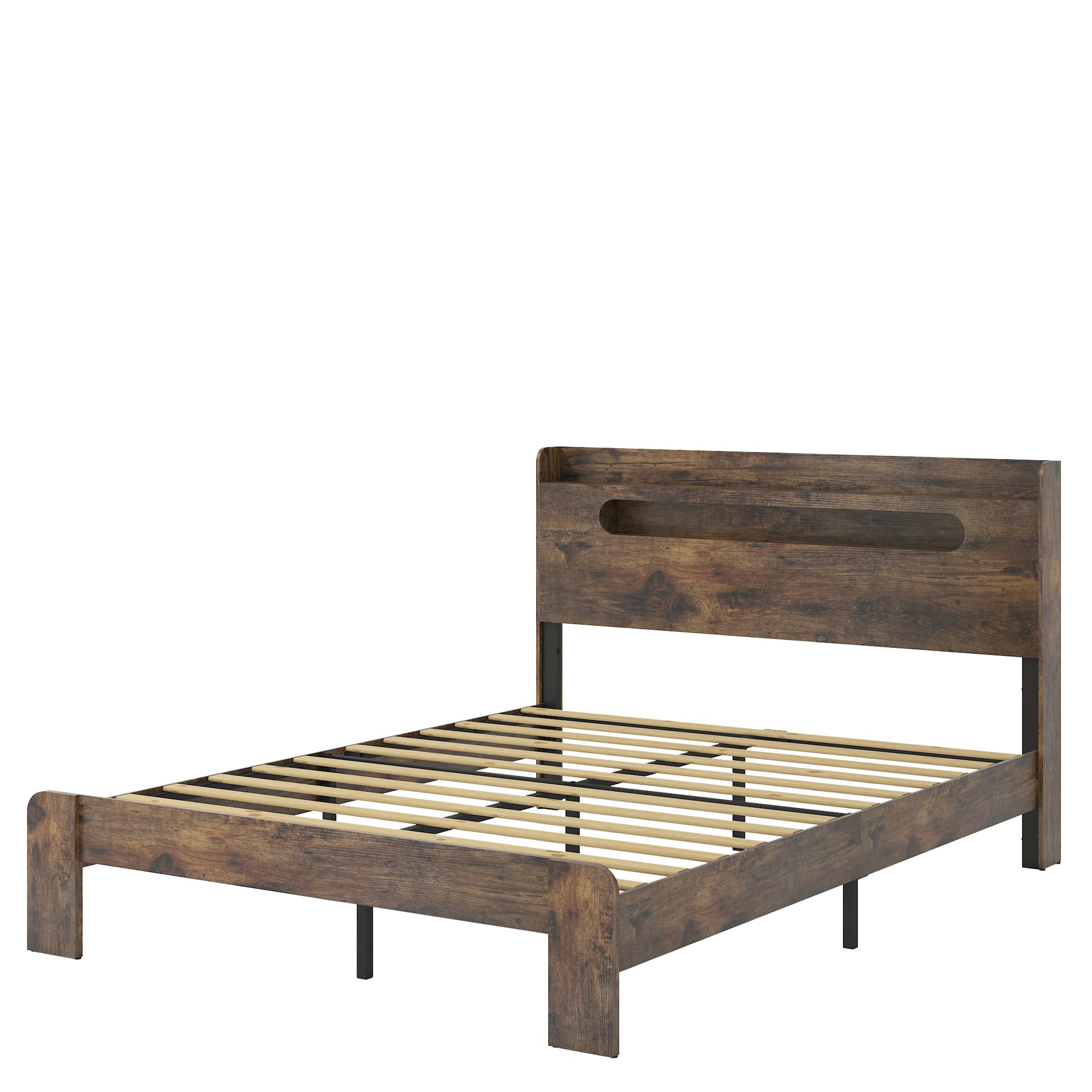 Ball & Cast King Size Bed Frame,Wood Platform Bed Frame King with Storage Headboard, LED Light & USB Port,Noise Free,No Box Spring Needed,Easy Assembly,Dark Brown