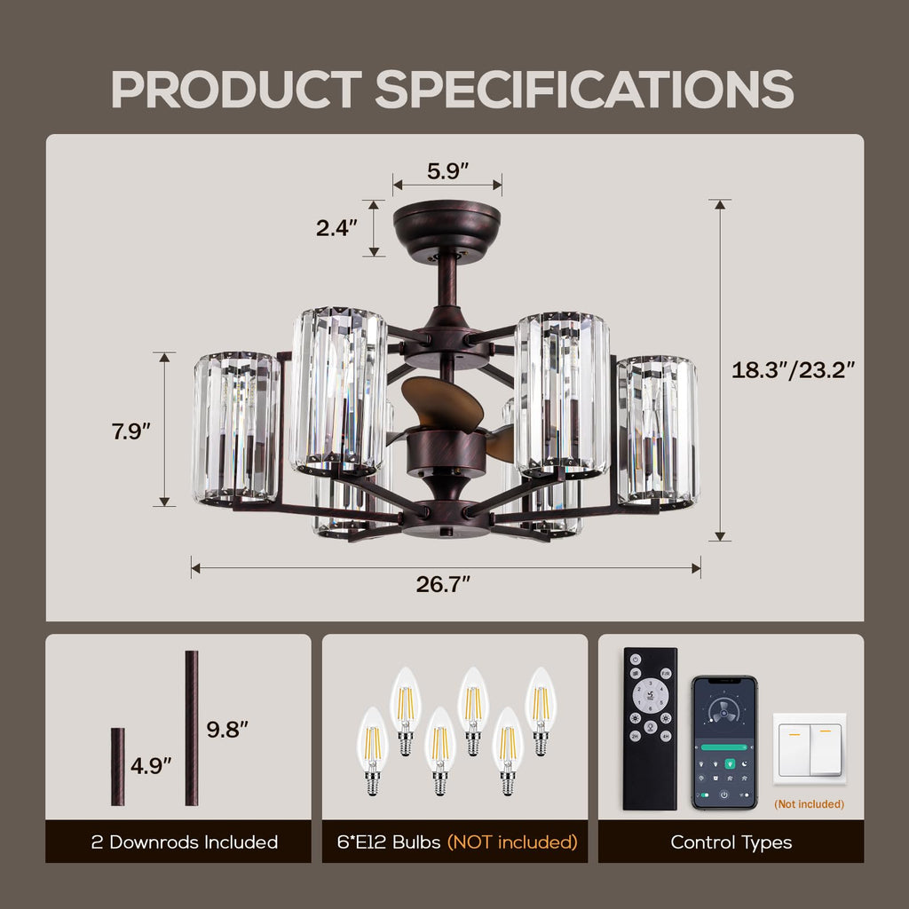 MOOONICHE 27" Crystal Chandelier Ceiling Fan 6-Light Vintage Flush Mounted Fandelier Reddish Brown Ceiling Fans with Lights and Remote for Bedroom Dining Living Room Kitchen Farmhouse Entry