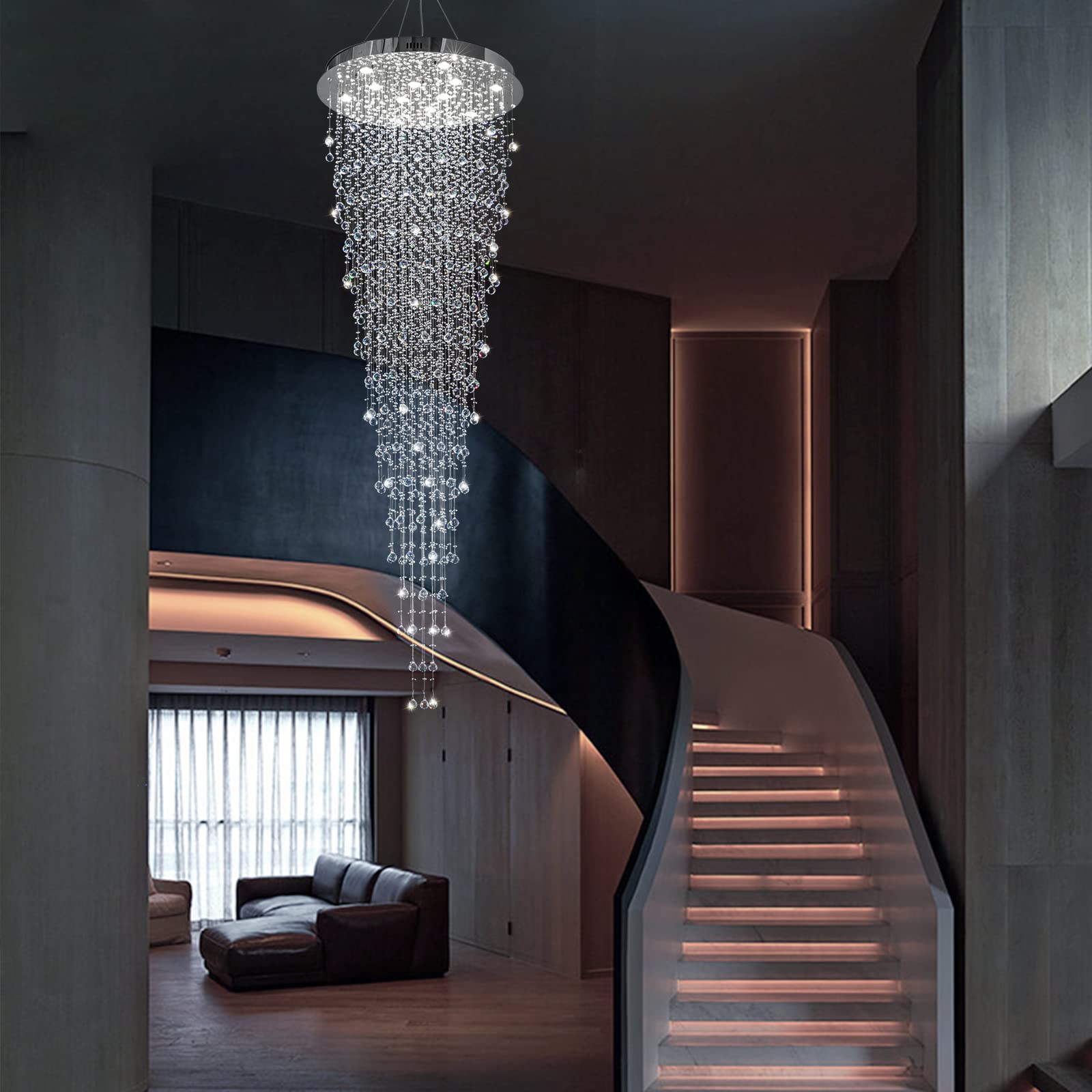 APBEAM Modern Large Crystal Chandelier for High Ceilings, Raindrop Round Large Foyer Chandelier, Luxury Flush Mount Ceiling Light Fixture for Stairse Entryway Living Room Dia 32" x H 96"-12 Lights