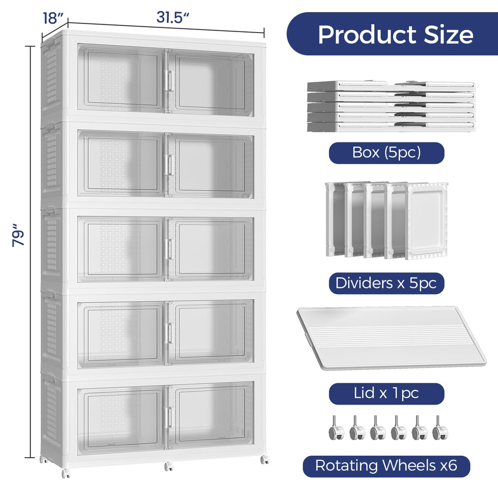 ARXYNEL 250GAL Extra Large Storage Bins with Lid & Dividers, 1000Qt Stackable Closet Organizers with Drawers, Collapsible Storage Bins with Wheels, Folding Container for Home Kitchen, 5Pack White