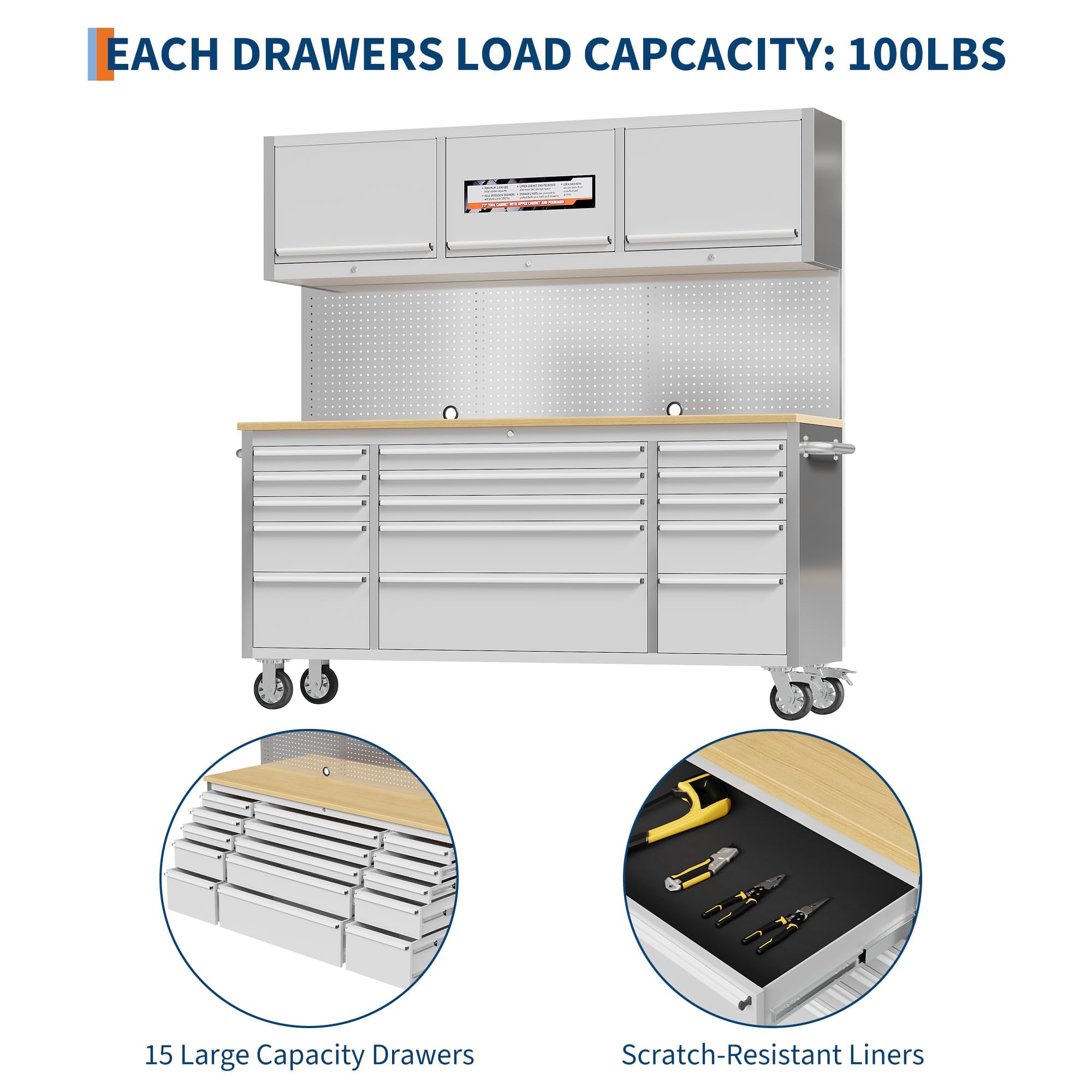 Heavy Duty 61" Tool Chest Cabinet, Mobile Garage Workbench with 15Drawers and Power Strip, Rubber Wood Worktop, 1675 LBS Load, Rolling Tool Storage Organizer for Mechanic, Shop or Home Use