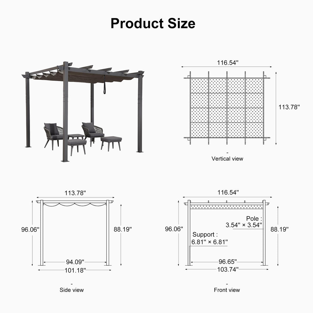 PURPLE LEAF 10' X 10' Outdoor Retractable Pergola with Sun Shade Canopy Patio Metal Shelter for Garden Porch Beach Pavilion Grill Gazebo Modern Yard Grape Trellis Pergola, Gray