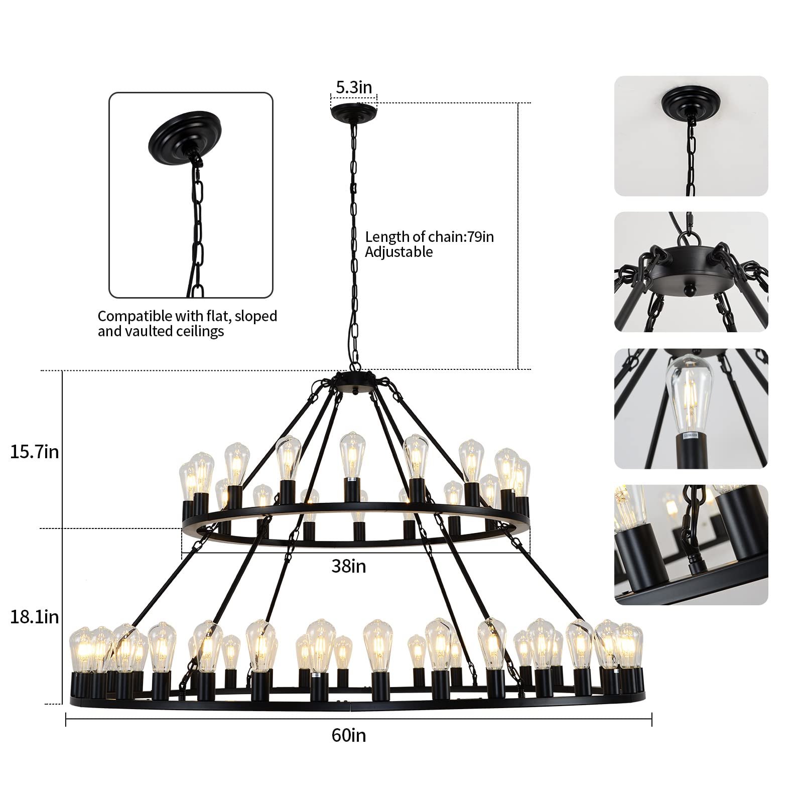 WOGON WEEL Wagon Wheel Chandelier 2 Tier 54-Light 60-inch, Farmhouse Industrial Chandelier Black Rustic Pendant Light Fixture Extra Large for High Ceilings, Living Room Foyer