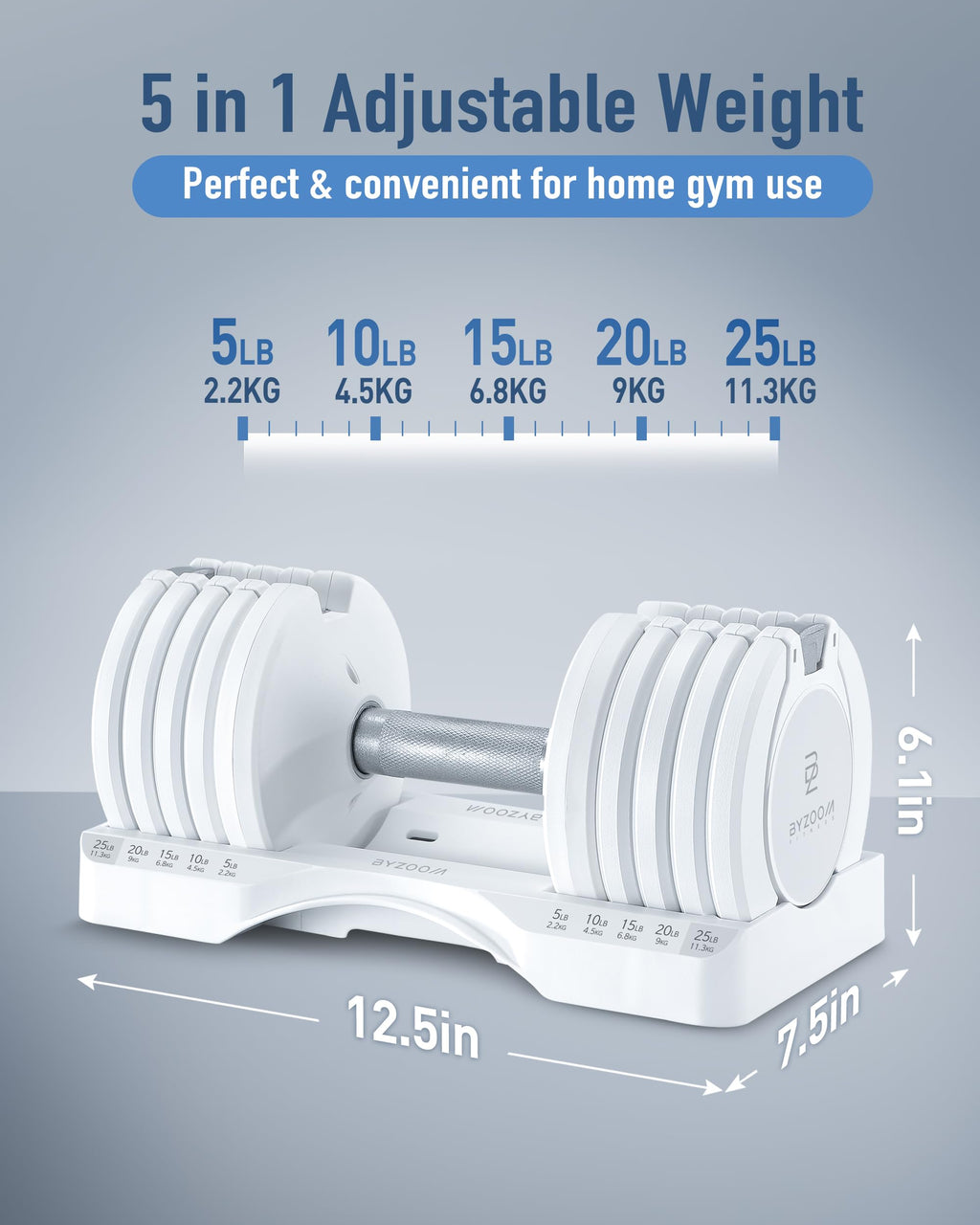 BYZOOM FITNESS Pure Series Adjustable Dumbbell - 12.5/25/27.5/75lb - ONE UNIT OR PAIR(check QTY before purchase) - 5-in-1/ 10-in-1 / 21-in-1 Flexible Hand Weights for Home Gym, Strength Training & Fitness Workouts, White OR Black