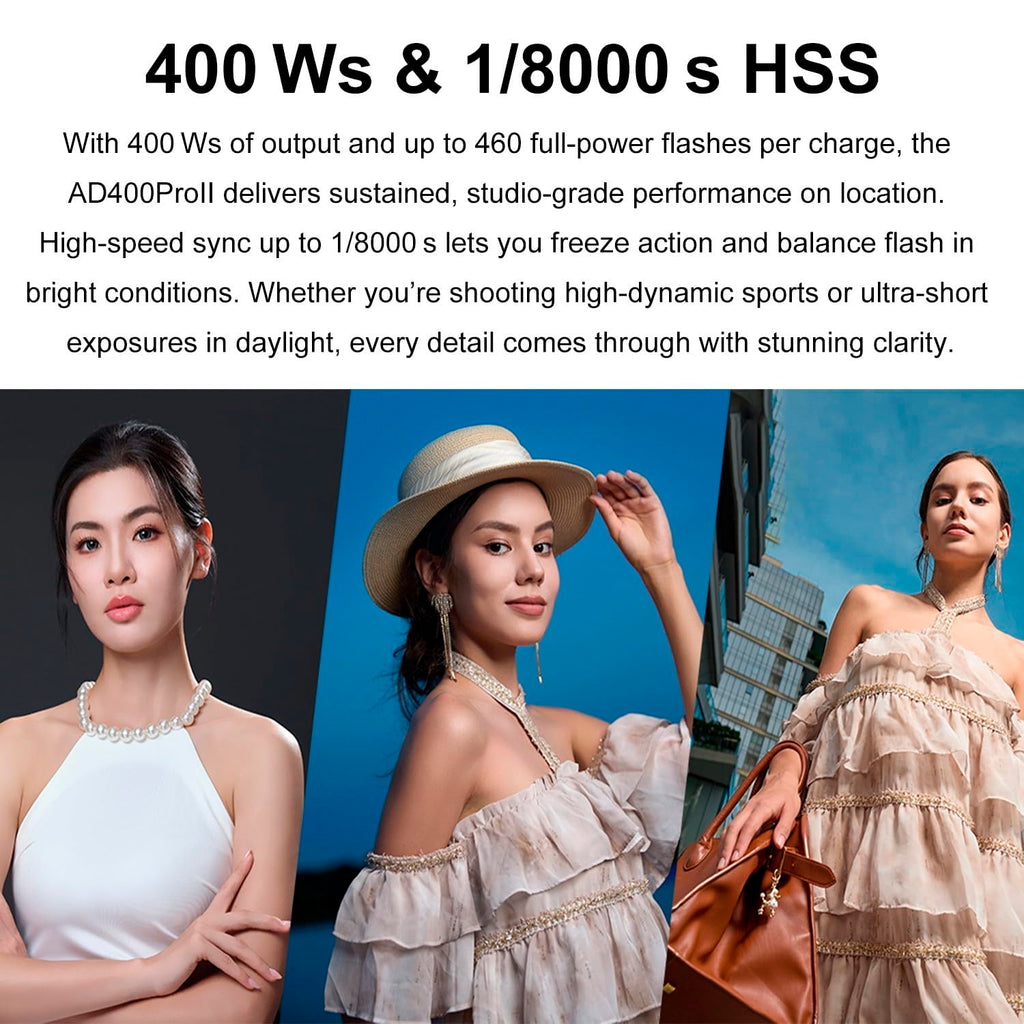 GODOX AD400 Pro II AD400Pro II AD400ProII 2.4G TTL 1/8000 HSS 400Ws Outdoor Flash,21.6V/2600mAh Battery,0.01~1s Recycle,460 Full Power Flashes,for Canon Sony Nikon Fuji Olympus Panasonic Etc Cameras