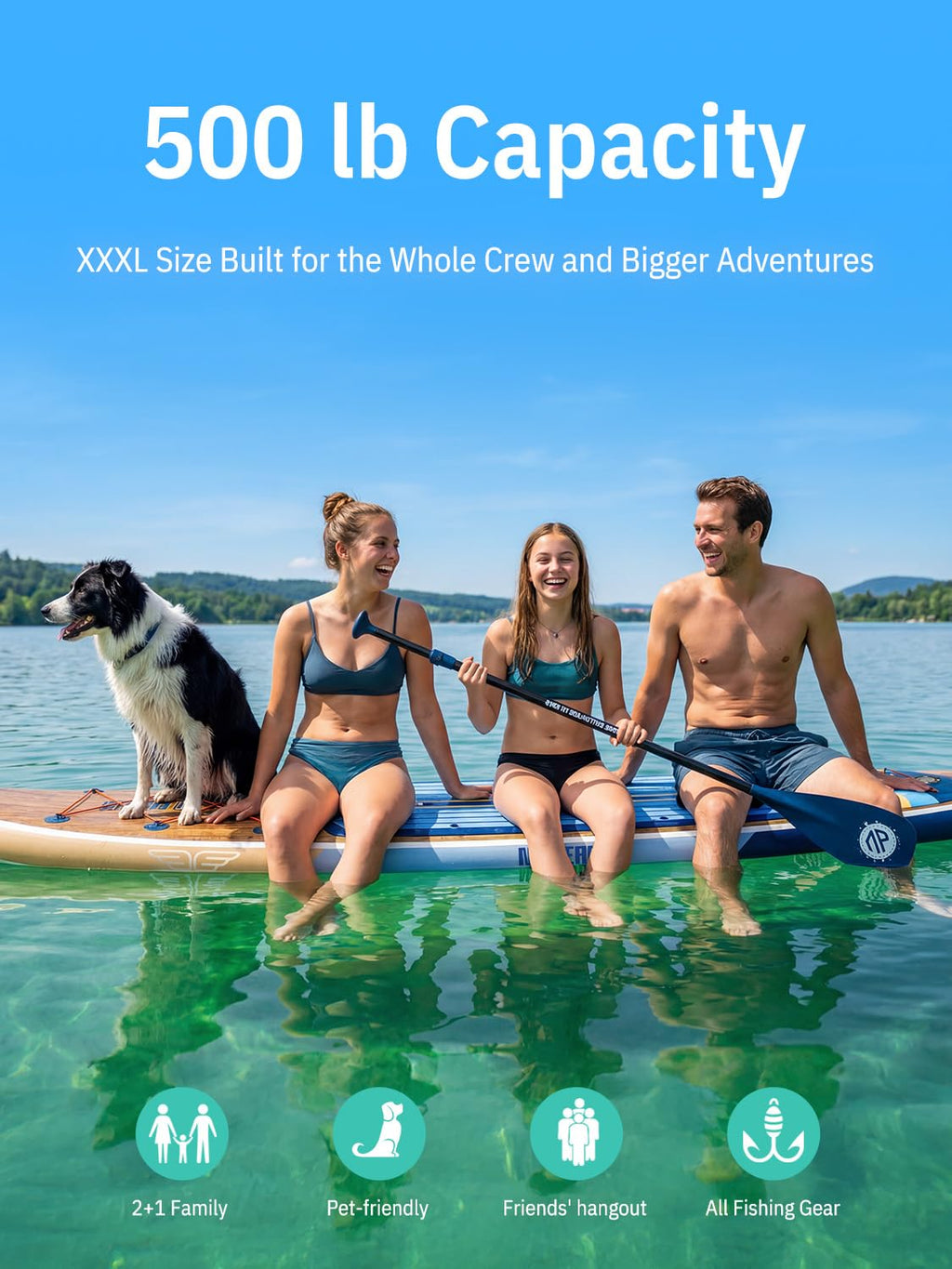 Niphean (Extra Large) Inflatable Paddle Board, SUP for 2+1 People/Family 500lbs Capacity Stand Up Paddle Board with SUP Accessories, StabilTrac Fin Non-Slip Paddleboard for Adults-Woven Wood