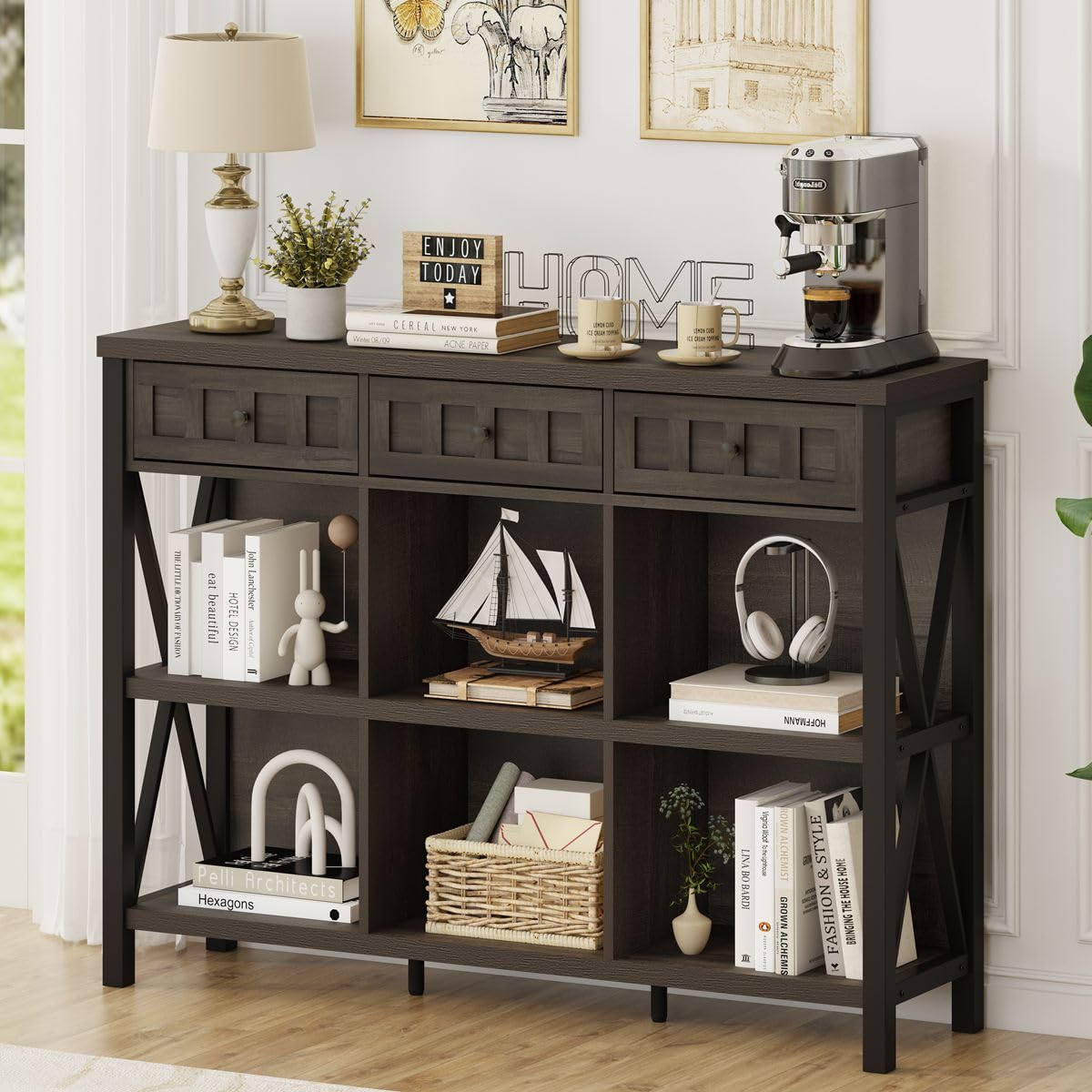 FATORRI Rustic 6 Cube Storage Organizer Bookshelf with 3 Drawers, Short Low Horizontal Bookshelf for Living Room, Industrial Wood and Metal Cubby Bookcase for Home Office (Walnut Brown, 47 Inch)