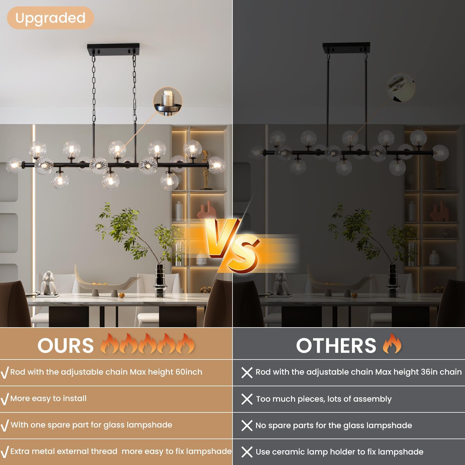 DFJL 50" Modern Linear Chandelier,Mid Century Black Finish and Transparent Pleats Glass Bubble Sputnik Pendant Light Fixtures, for Dining Room Kitchen Island Rectangle Over Table 16-Lights