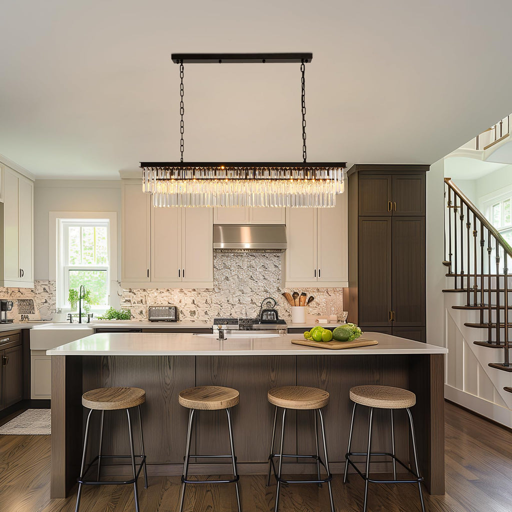 NOXARTE Rectangle Chandeliers for Dining Room, Modern Rectangular Crystal Chandelier Black 8 Lights Pendant Fixture for Kitchen Island Bar Living Room L47 Inch