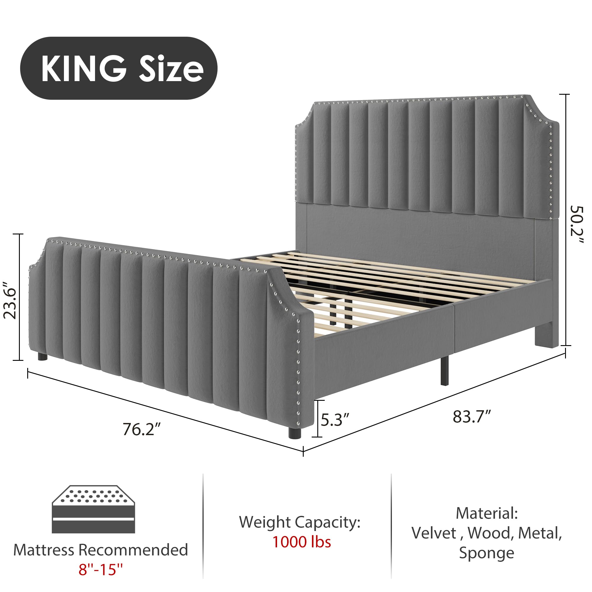 GarveeHome King Size Platform Bed Frame with 50.2 in Headboard, Velvet Upholstered Bed Frame King with Vertical Channel Tufted Headboard & Footboard, Nailhead Trim, No Box Spring Needed, Grey