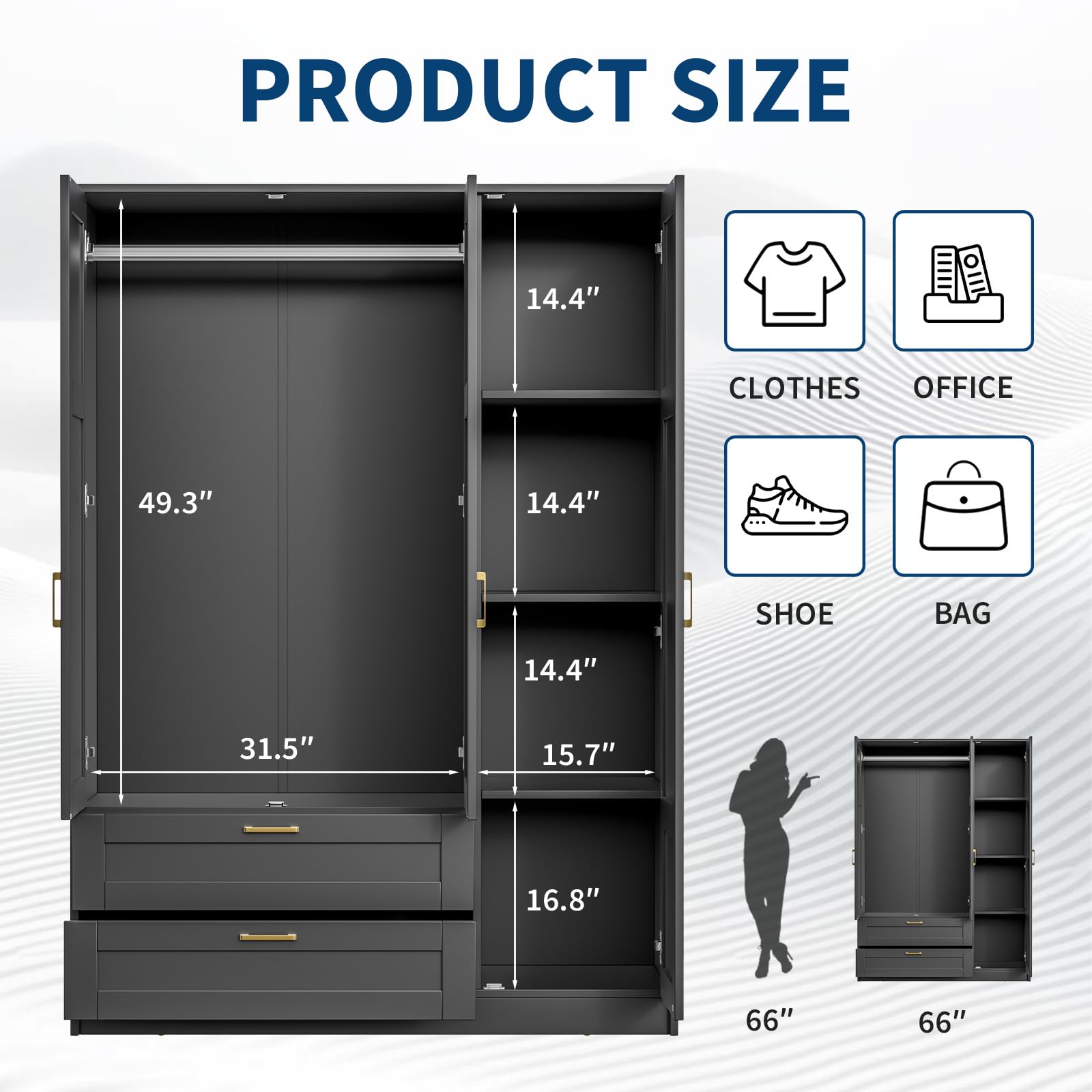 66" 3 Doors Wooden Wardrobe Closet Armoire with 2 Drawers & 3 Shelves, Wooden Wardrobe Closet with Hanging Rod, Bedroom Large Capacity Freestanding Armoire for Bedroom,Cloak Room,Entrance Hall, Black
