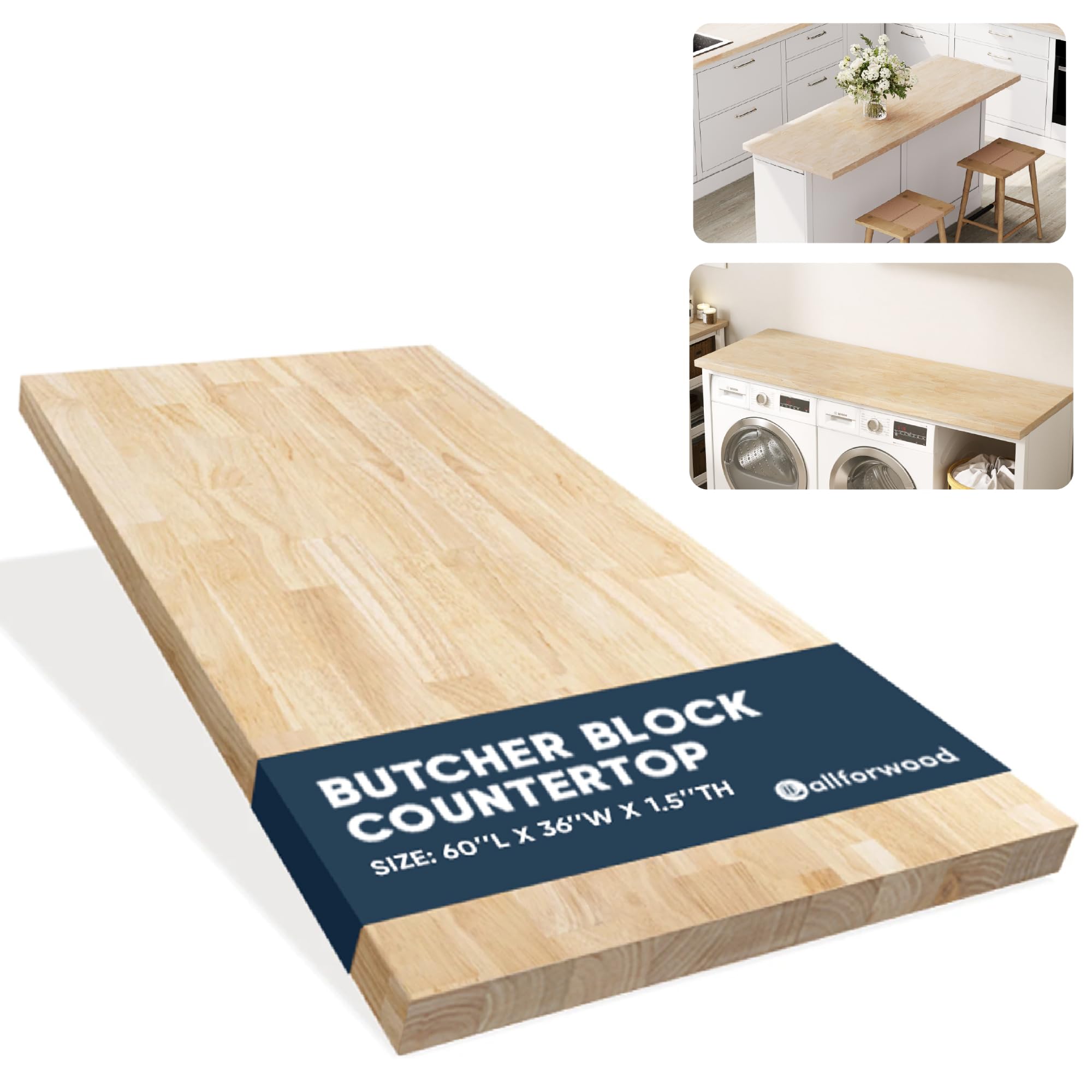 AllForWood 60''L x 36''W x 1.5''Th Hevea Solid Wood Butcher Block Countertop, Butcher Block Table Top for DIY Washer Dryer/Island/Kitchen Countertop (Unfinished)