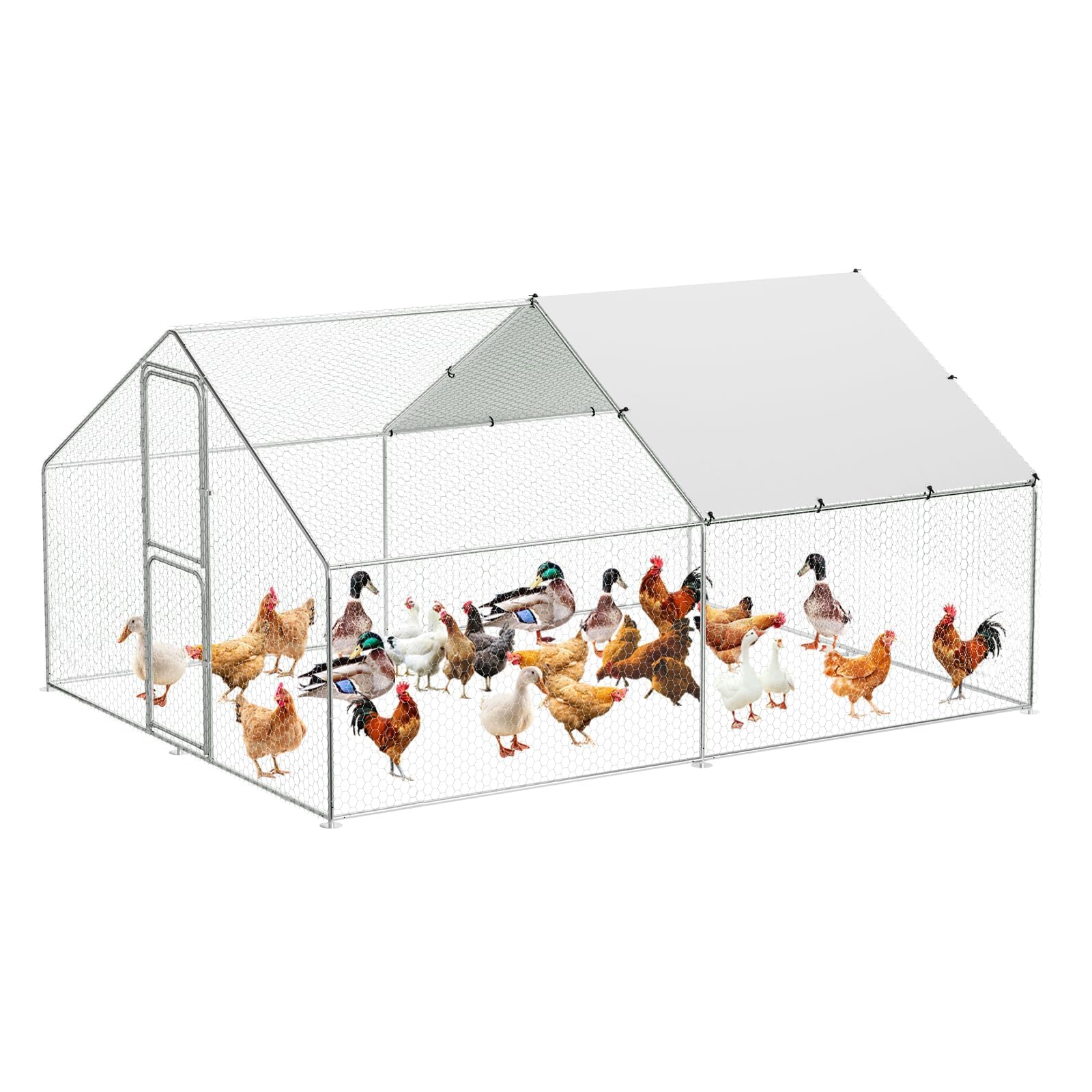 Large Metal Chicken Coop Run,Outdoor Walk-in Cage Peak Hen House with Waterproof and Anti-Uv Cover,Spire Roof Hen House with Security Lock for Outdoor and Backyard,Farm 9.8 x 13.1 x 6.6 ft