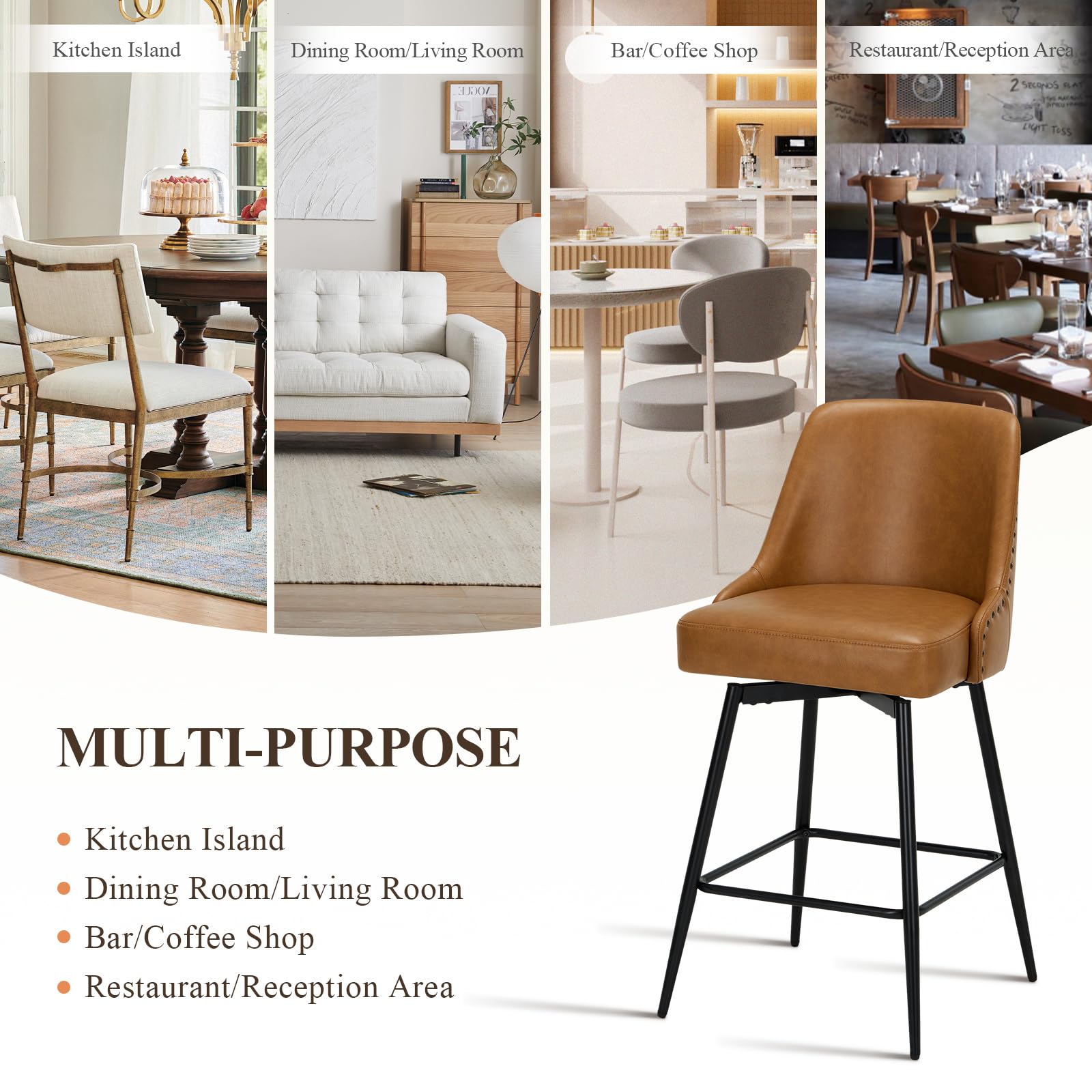 COLAMY Bar Stools Set of 4, 26" Swivel Counter Height Chairs with Back,Thick Padded Seat & Footrest,Modern Faux Leather Barstool for Kitchen Island,Dining Room,Pub,Brown