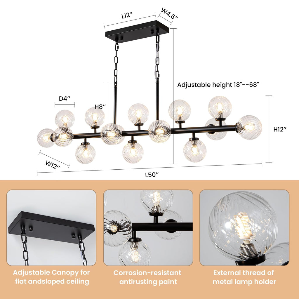 DFJL 50" Modern Linear Chandelier,Mid Century Black Finish and Transparent Pleats Glass Bubble Sputnik Pendant Light Fixtures, for Dining Room Kitchen Island Rectangle Over Table 16-Lights