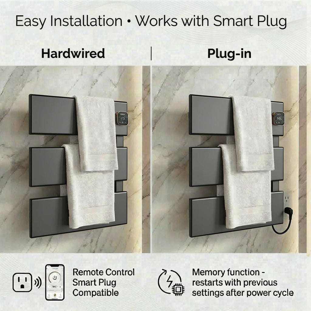 HSTRUKT Electric Towel Warmer, Heated Towel Rack with Thermo Control and Timer, Fast Heating Towel Rail for Bathroom with Memroy Function, Work with Smart Plug, Right-Wiring, 3 Panel, Gun Gray