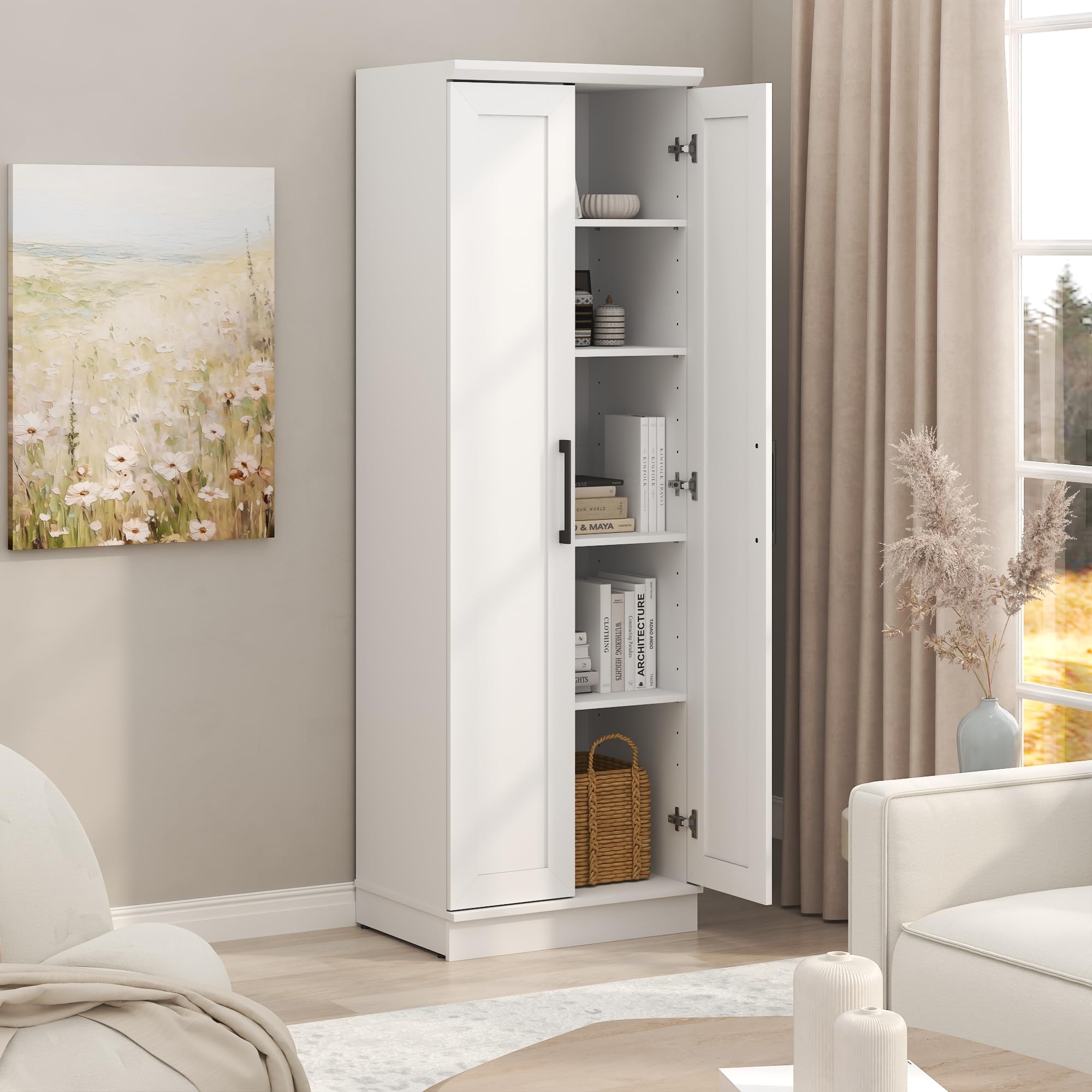 Furinno Robin Storage Cabinet, 5-Tier Pantry Cabinet with Adjustable Shelves, 23W with 2 Shaker-Doors, Kitchen Cabinet, Organization and Storage, for Pantry, Living Room, Home Office, White