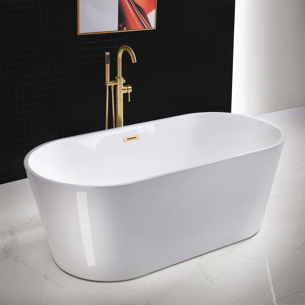 WOODBRIDGE 67" Acrylic Freestanding Bathtub Contemporary Soaking White Tub with Brushed Gold Overflow and Drain，B0013-BG