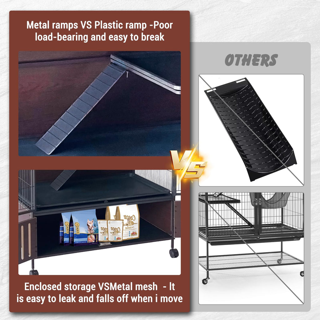 60" Large Ferret Cage, Multi-Level Small Animal Mansion with 4 Wheels, 3 Metal Ramps & Hammock for Chinchillas, Rabbits, Guinea Pigs, Includes PP Trays & Storage Cabinet