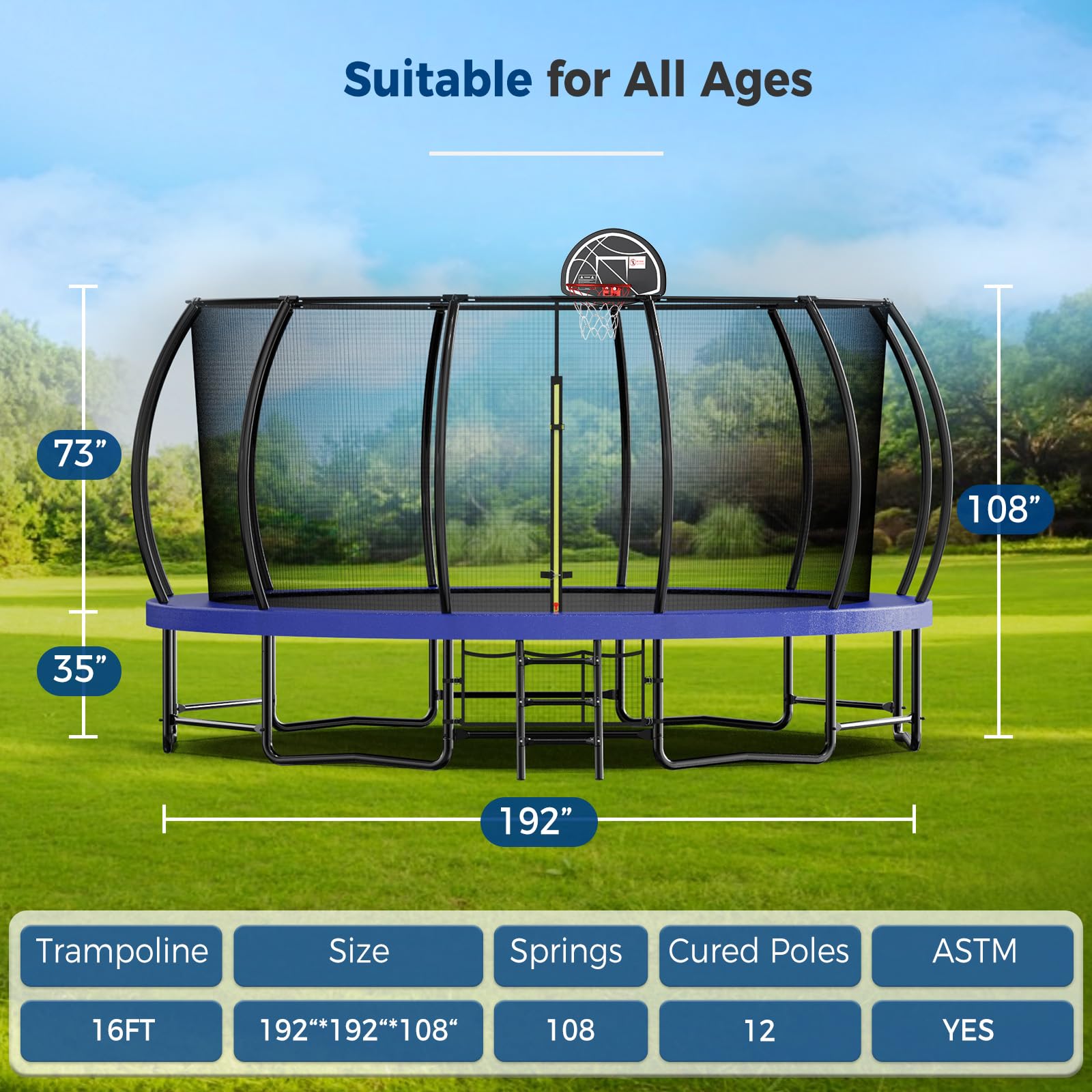 Tatub 16FT Upgrade Pumpkin Trampoline for Kids and Adults, Outdoor Recreational Trampolines with Basketball Hoop & Enclosure Net, Curved Poles & Storage Bag, Blue