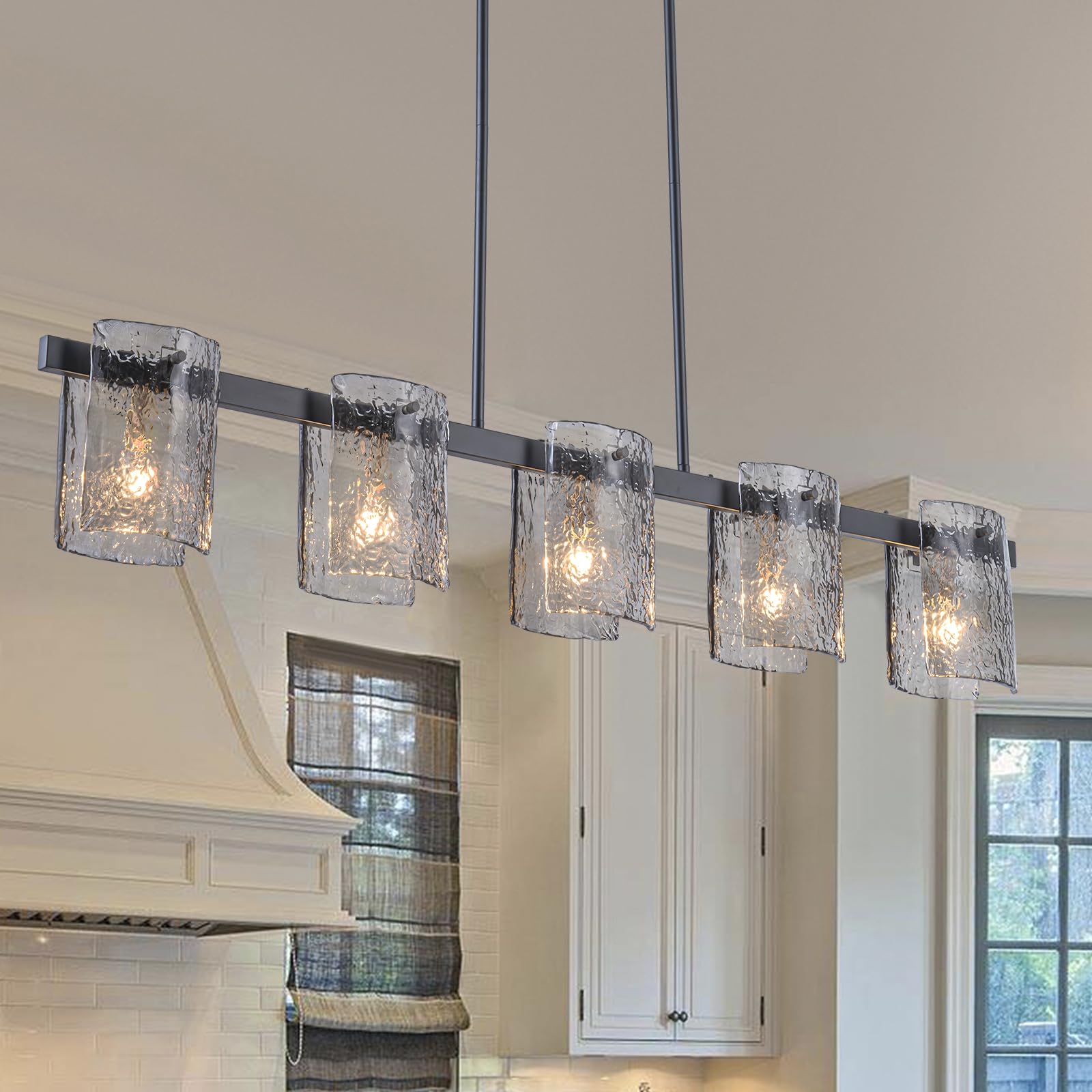 EDISLIVE 5-Light Glass Block Chandeliers Pendant Light Kitchen Island 47.24in E12 Linear Adjustable Hanging Lighting Fixture with Black Finish Grey Water Ripple Glass for Dinning Room Living Room