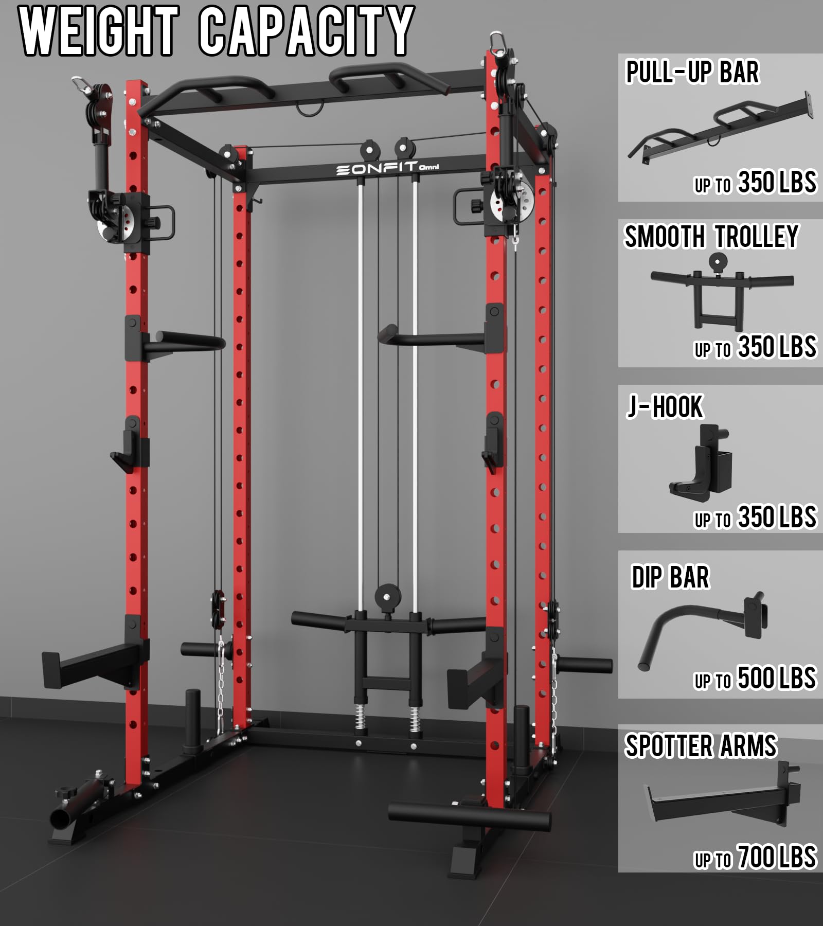 Eonfit E2 Power Cage with 3D Rotation Arms - Multi-Functional Power Rack for Home Gym. 1500lb Squat Rack for Home Gym. Pulley System for Cable Crossover & LAT Pulldown (RED, PRO)