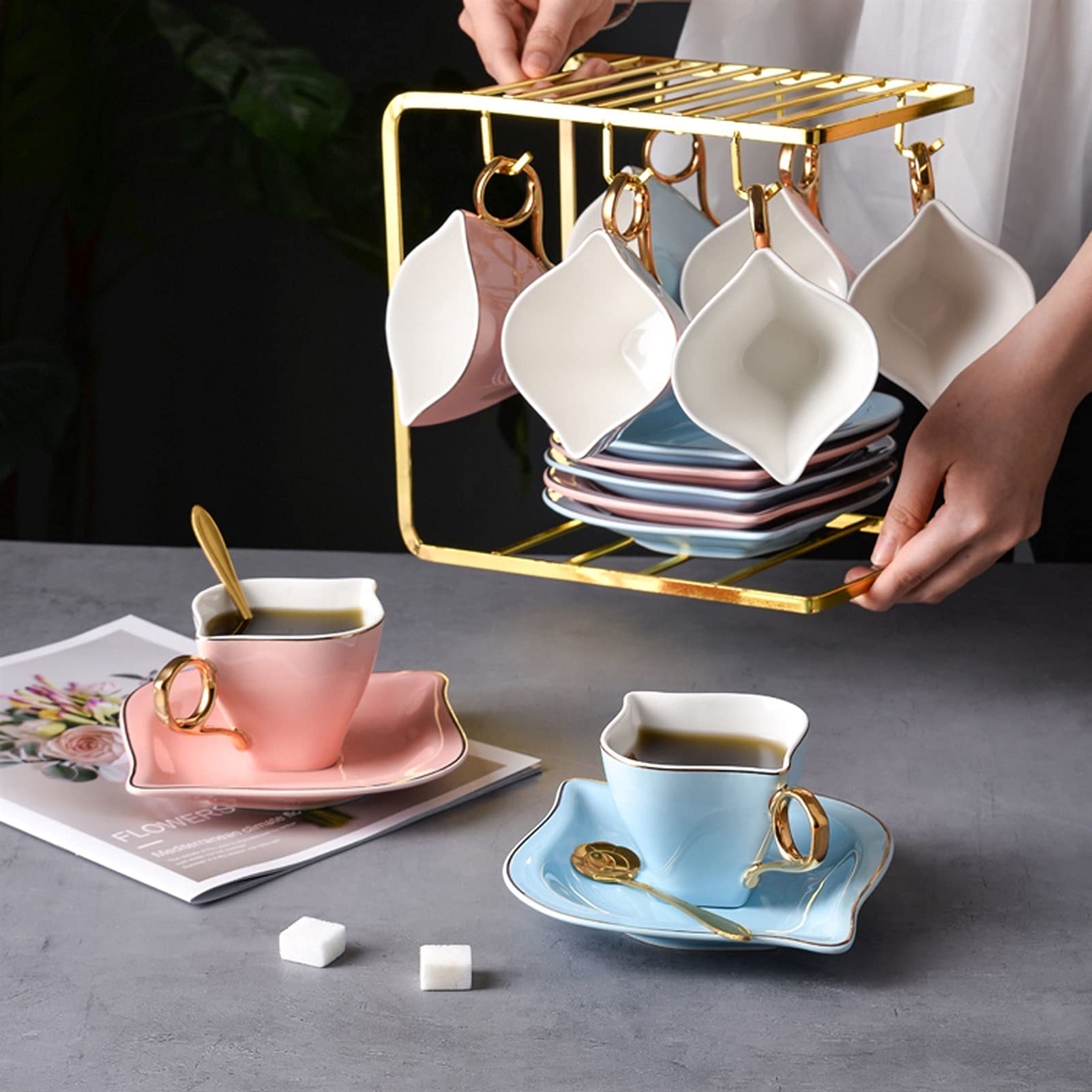 xiyouya 6-Piece Porcelain Ceramic Coffee Tea, Cups & Saucer Service Include 6 Cup，6 ，6 Teaspoons and Display Stand ，200ml/6.8oz(B)