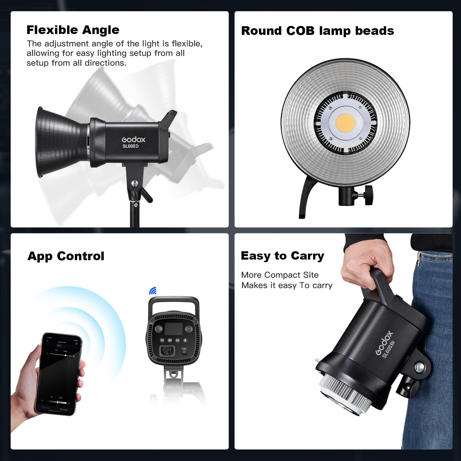 Godox SL60IID Softbox Lighting Kit Professional Studio Equipment with Softbox, SL60II-D 75W LED Video Light 3-Light Kit with APP control, Reflector, light stand, Boom Arm for Portrait Product Shooting
