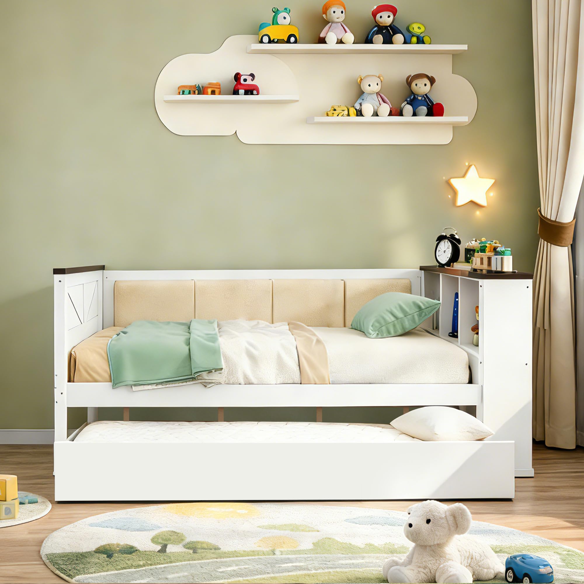Merax Twin Size Wood Daybed with Storage Shelves, Platform Bed Frame Upholstered Backrest, USB and Trundle, Easy Assembly, White