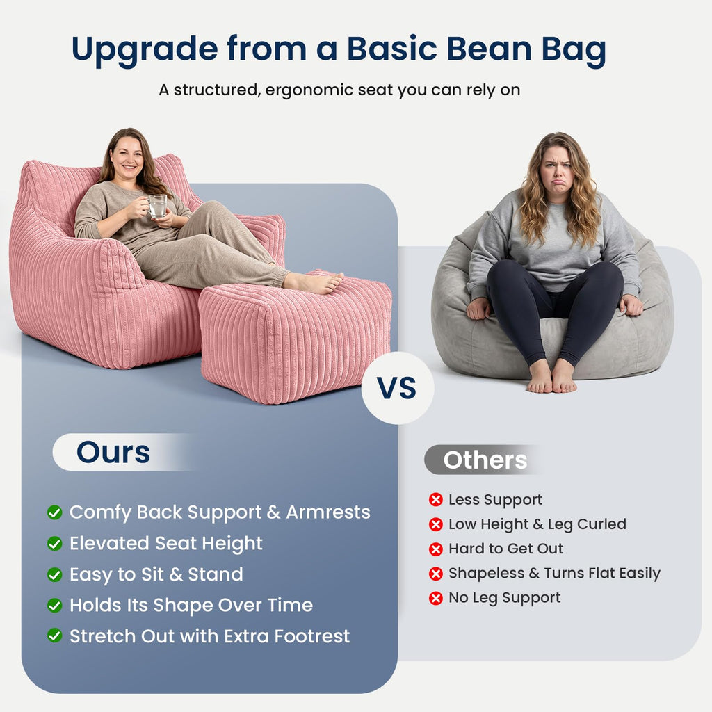 Giant Bean Bag Chair with Footstool for Adults, Fluffy Boneless Lounge Sofa Chair, Superior Large Reading Floor Sofa Bed, Oversized Accent Comfy Couch for Living Room, Bedroom (Pink, with Ottoman)