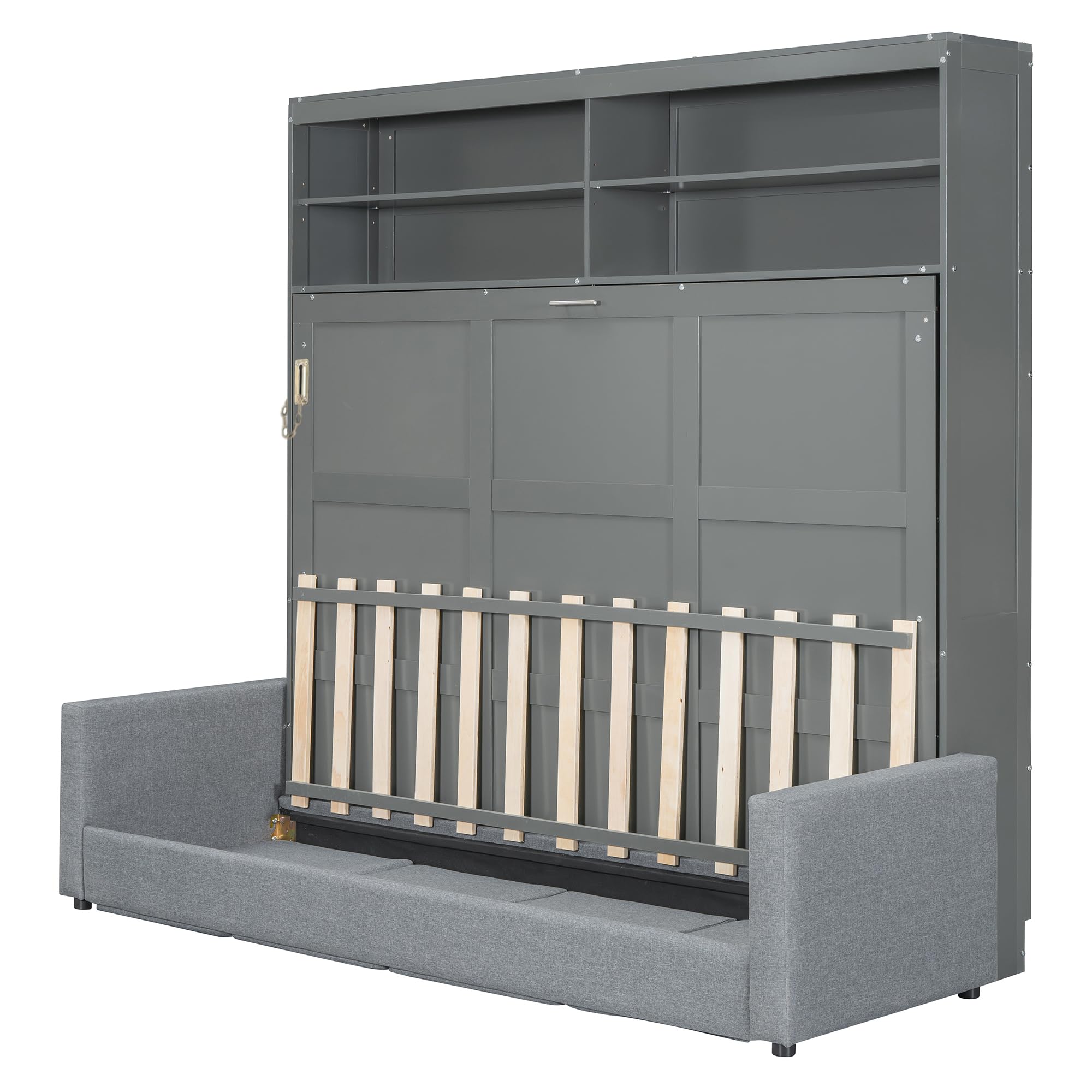 Merax Queen Size Murphy Cabinet Bed with Sofa, Wood Folding Murphy Bed with Open Shelves, Space-Saving Wall Bed for Guest Room and Home Office