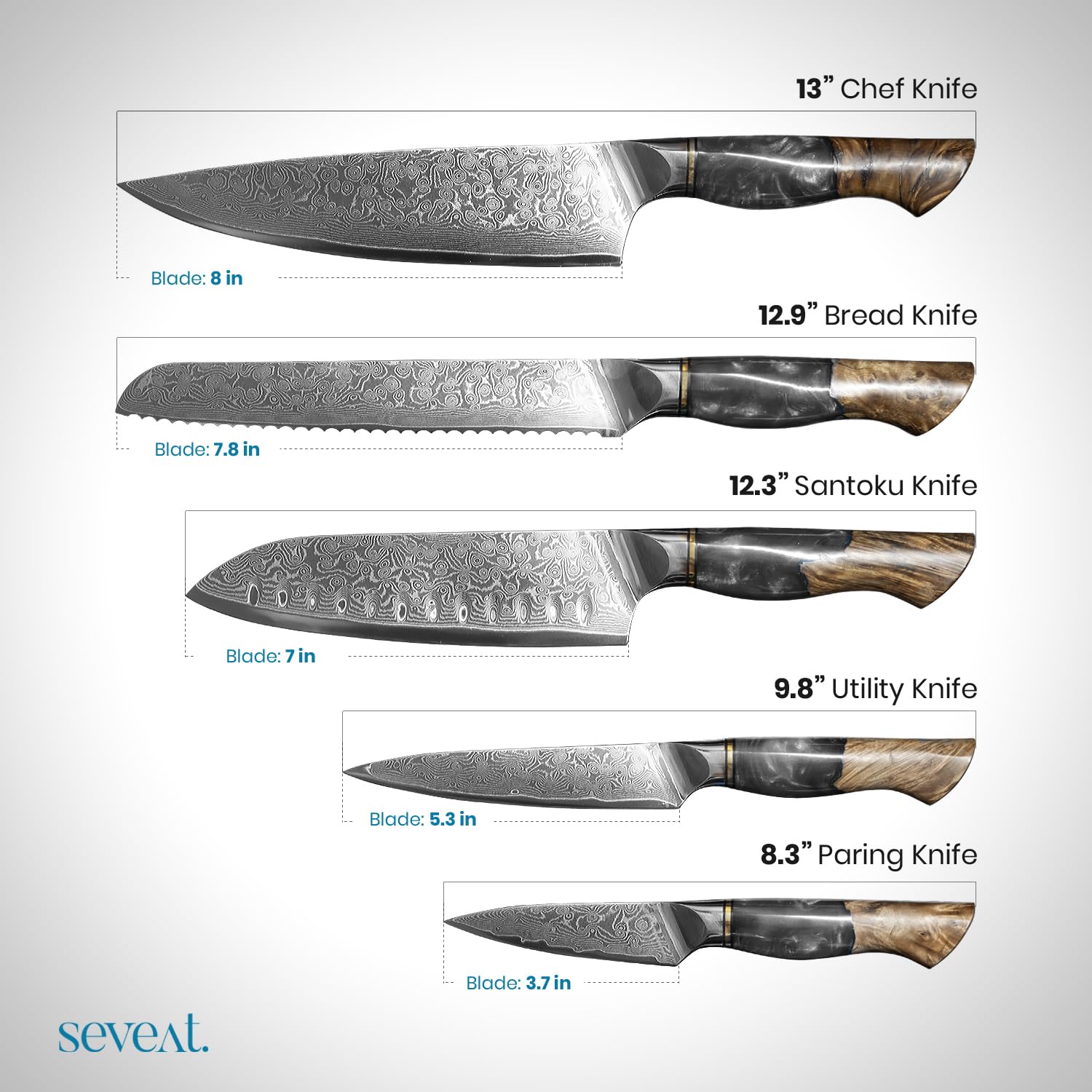 Seveat Damascus Kitchen Knife Set | 67-Layer Damascus Steel | Professional Japanese Chef Knife Set | Ergonomic Wood & Resin Handle | Gift Box Included (Black, 5-Piece Set)