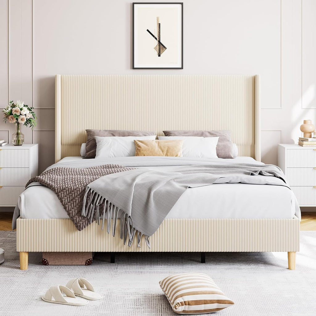 GarveeHome King Size Bed Frame, Upholstered Platform Velvet King Bed Frame with Vertical Channel Tufted Wingback Headboard, Strong Wooden Slats, No Box Spring Needed, Easy Assembly, Beige