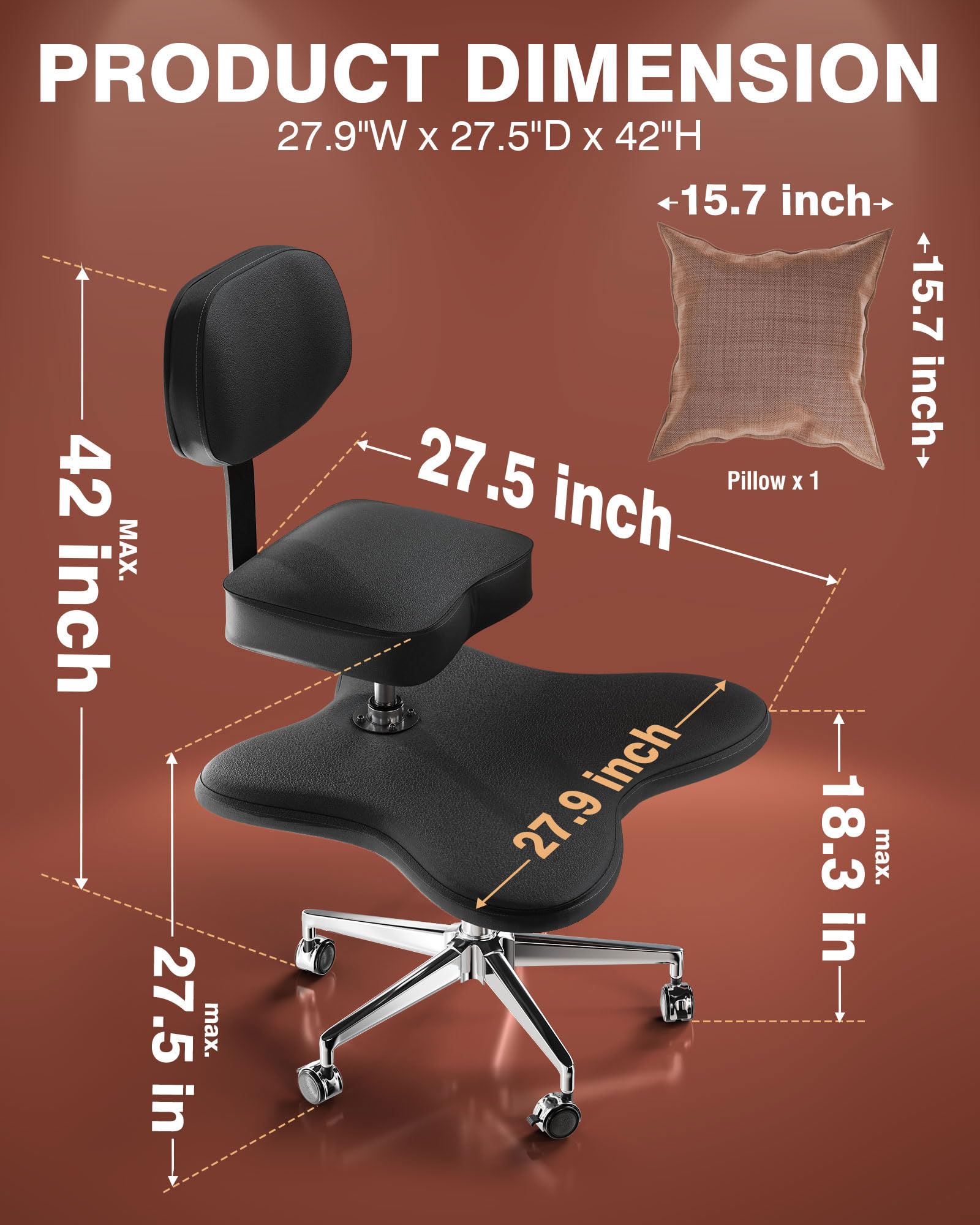 PYY ADHD Chairs for Adults - Meditation Cross Legged Office Chair with Wheels, Ergonomic Squatting Kneeling Fidget Chair with Lumbar Back Support Adjustable Height for Home Office